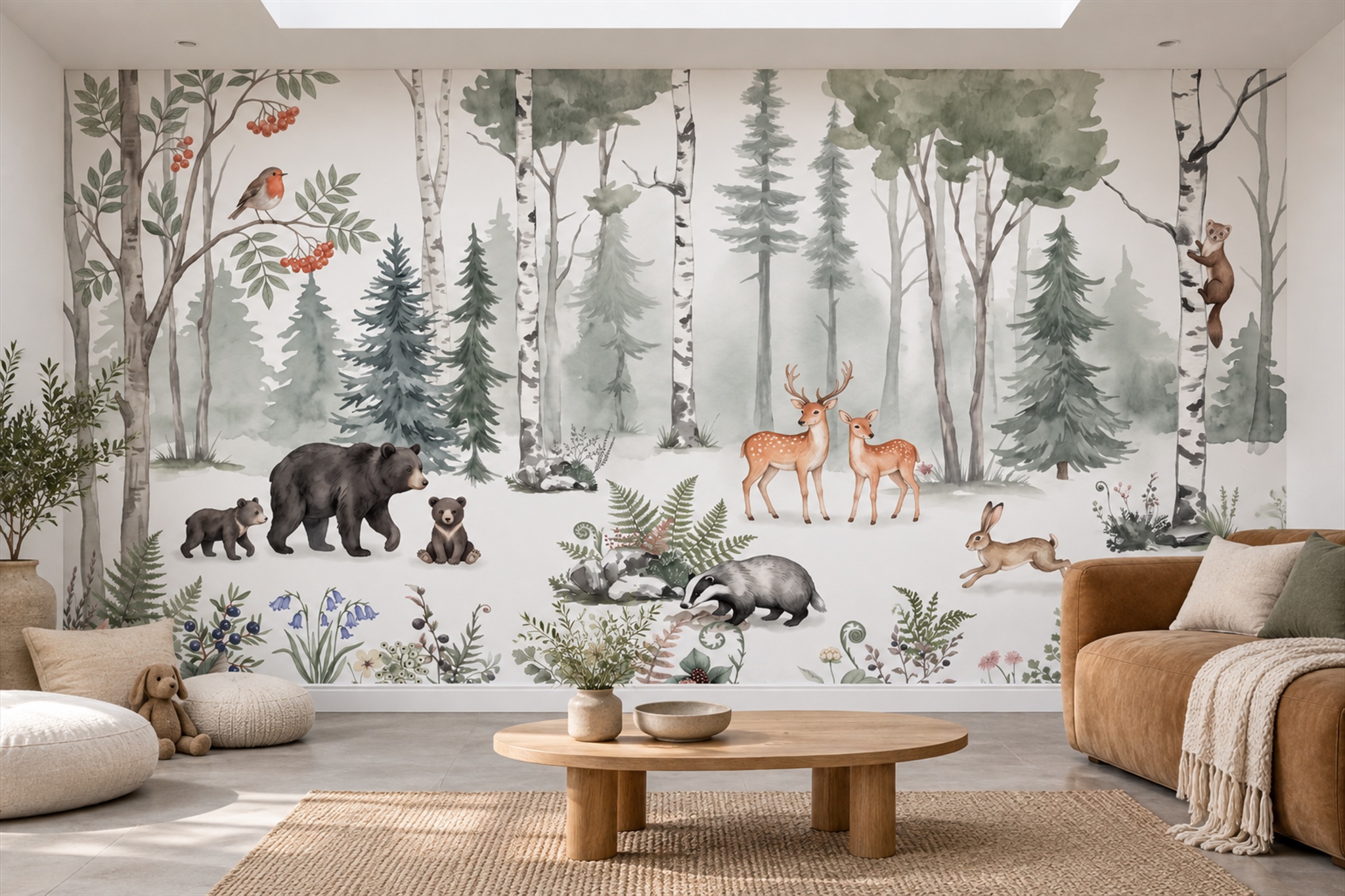 Sage Animal Illustrated Decorative Wallpaper Mural Accent-wall-wallpaper-murals, Peel-and-stick Finish