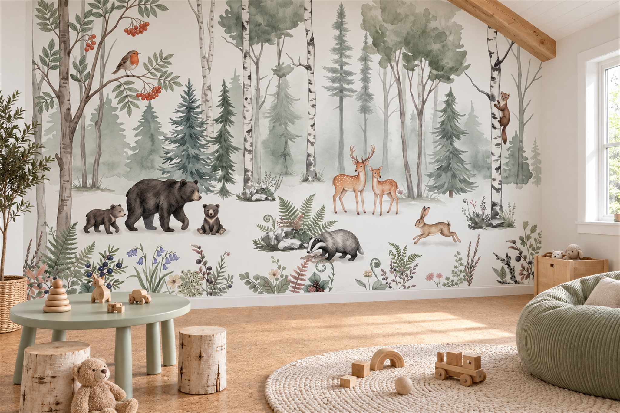 Sage Woodland Bear Family And Deer Wallpaper Mural — Wallpaper Mural Design, Peel-and-stick Finish