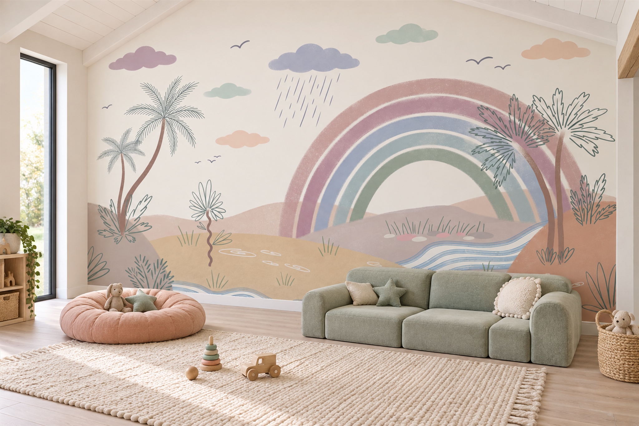Pastel Rainbow And Winding River Landscape Wallpaper Mural — Wallpaper Mural Design, Peel-and-stick Finish