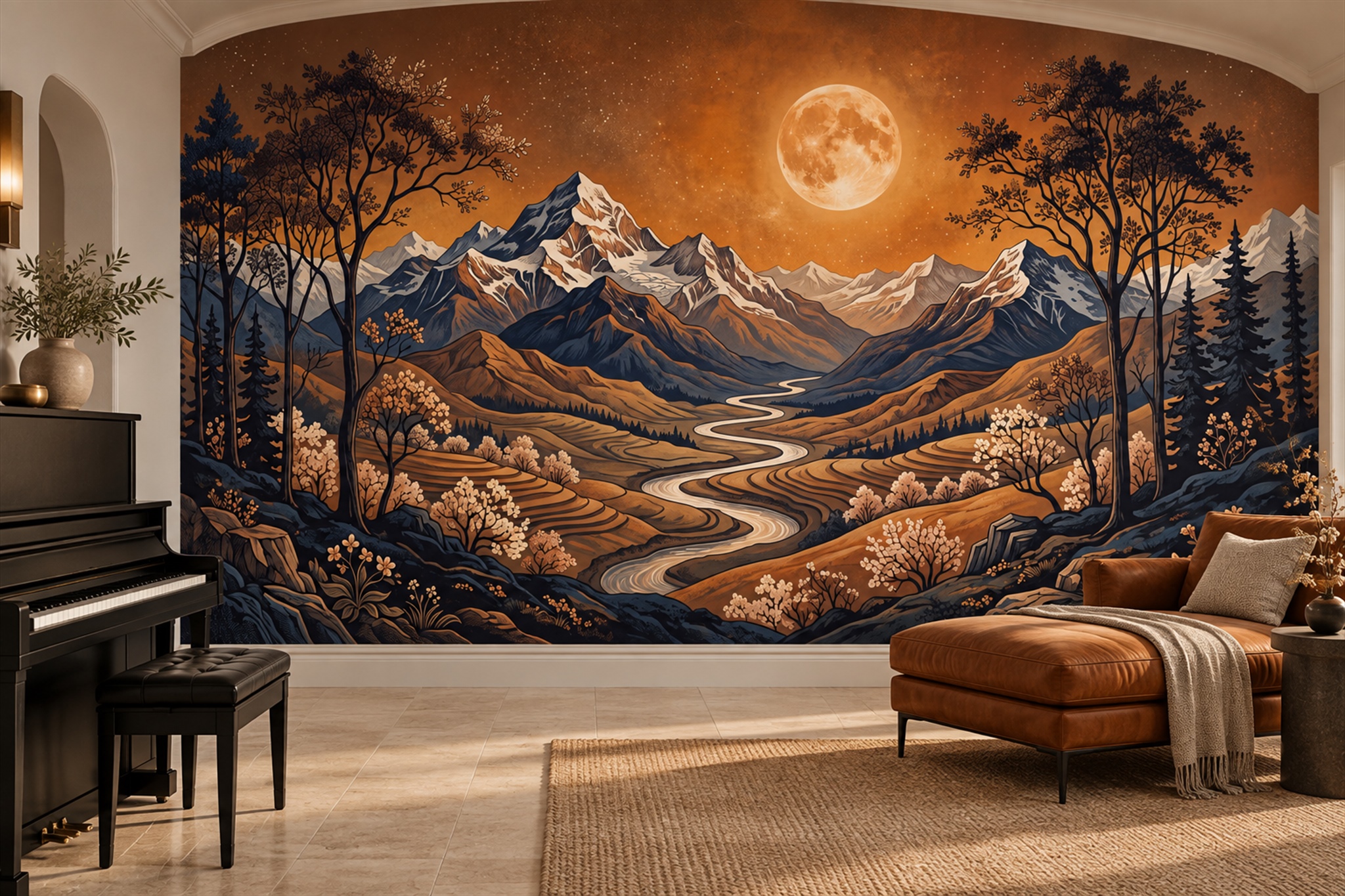 Golden Moon Mountain River Landscape Wallpaper Mural — Wallpaper Mural Design, Peel-and-stick Finish