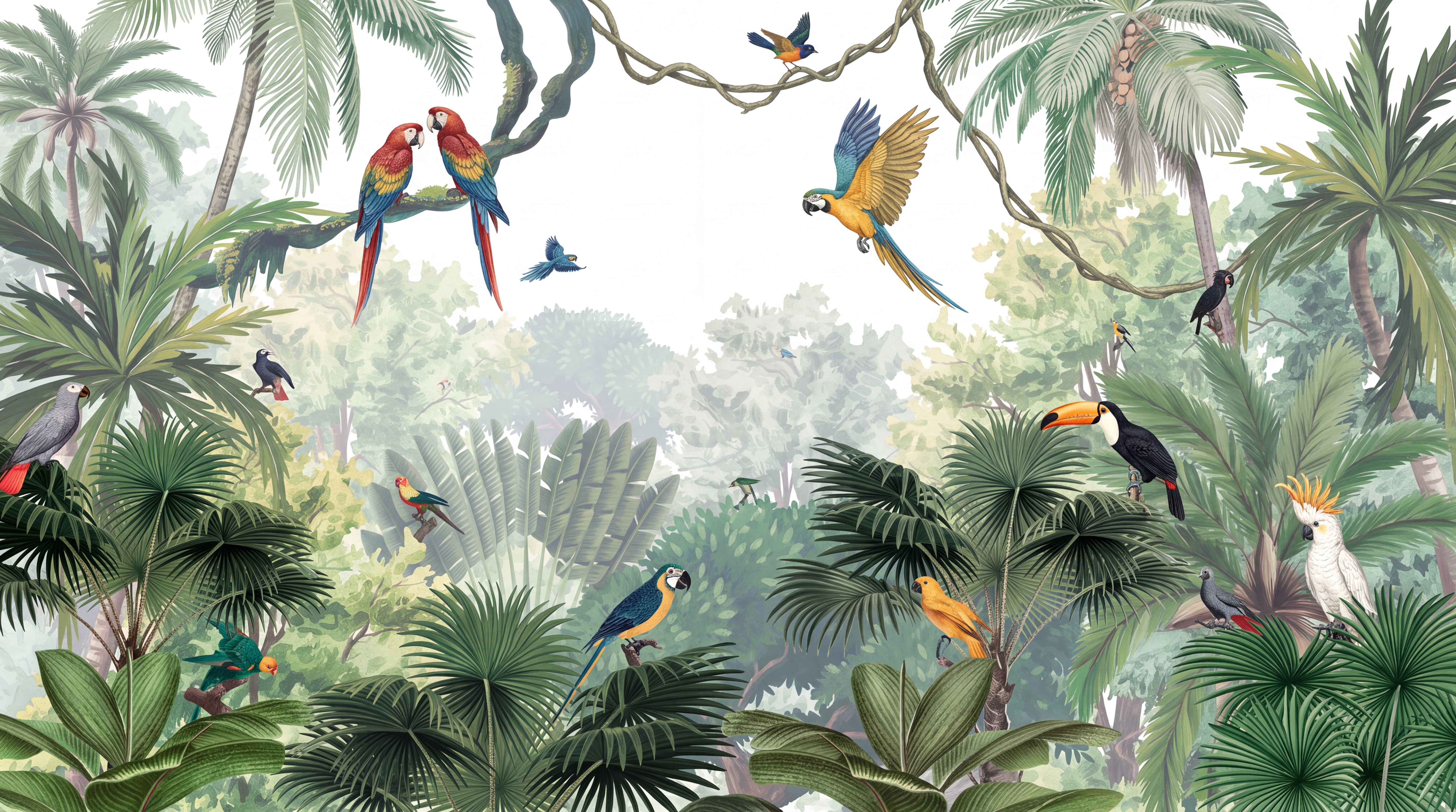 Green Parrot Illustrated Layered Wallpaper Mural, Peel-and-stick Finish