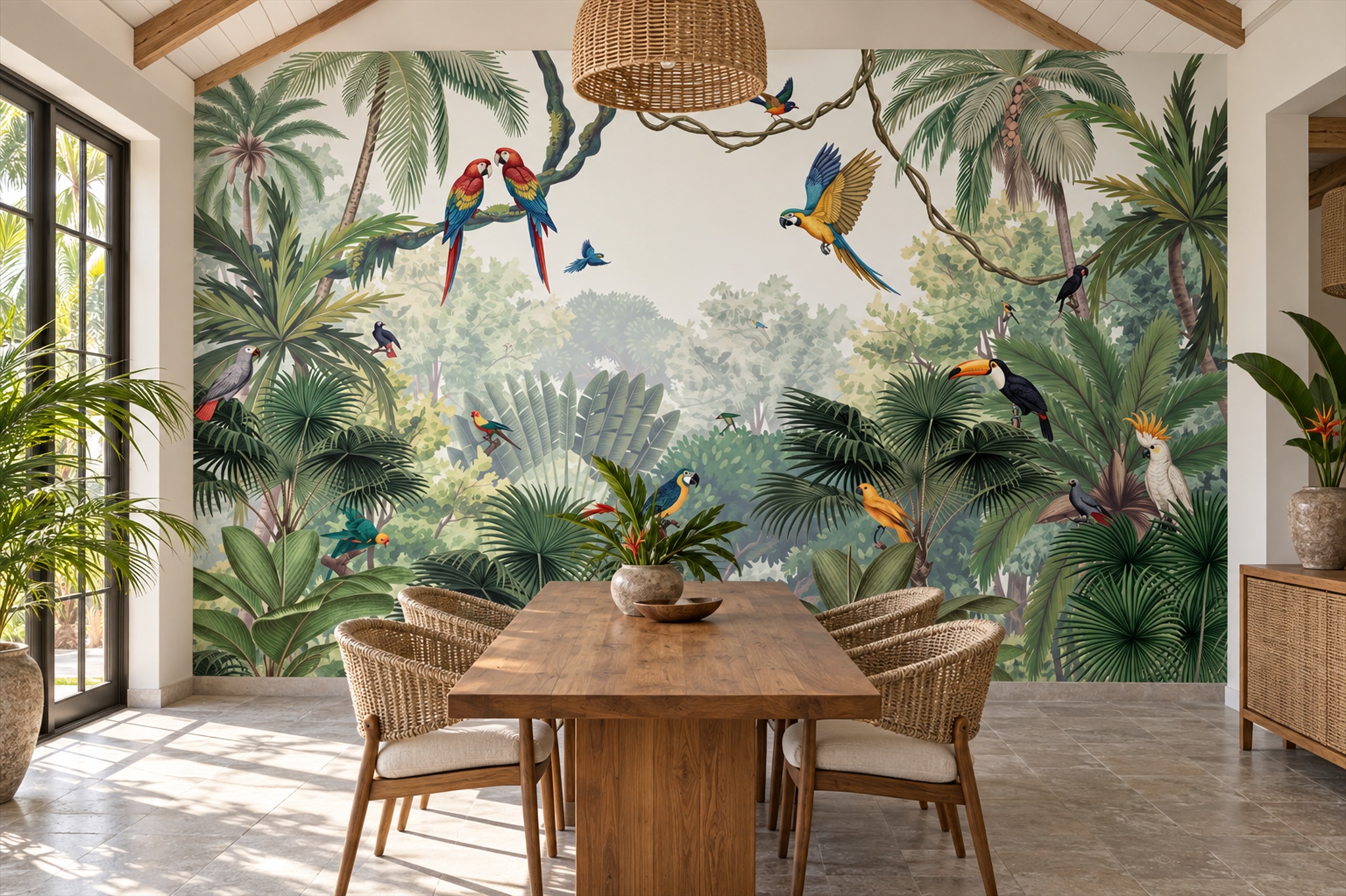 Tropical Parrots And Palm Foliage Wallpaper Mural — Wallpaper Mural Design, Peel-and-stick Finish