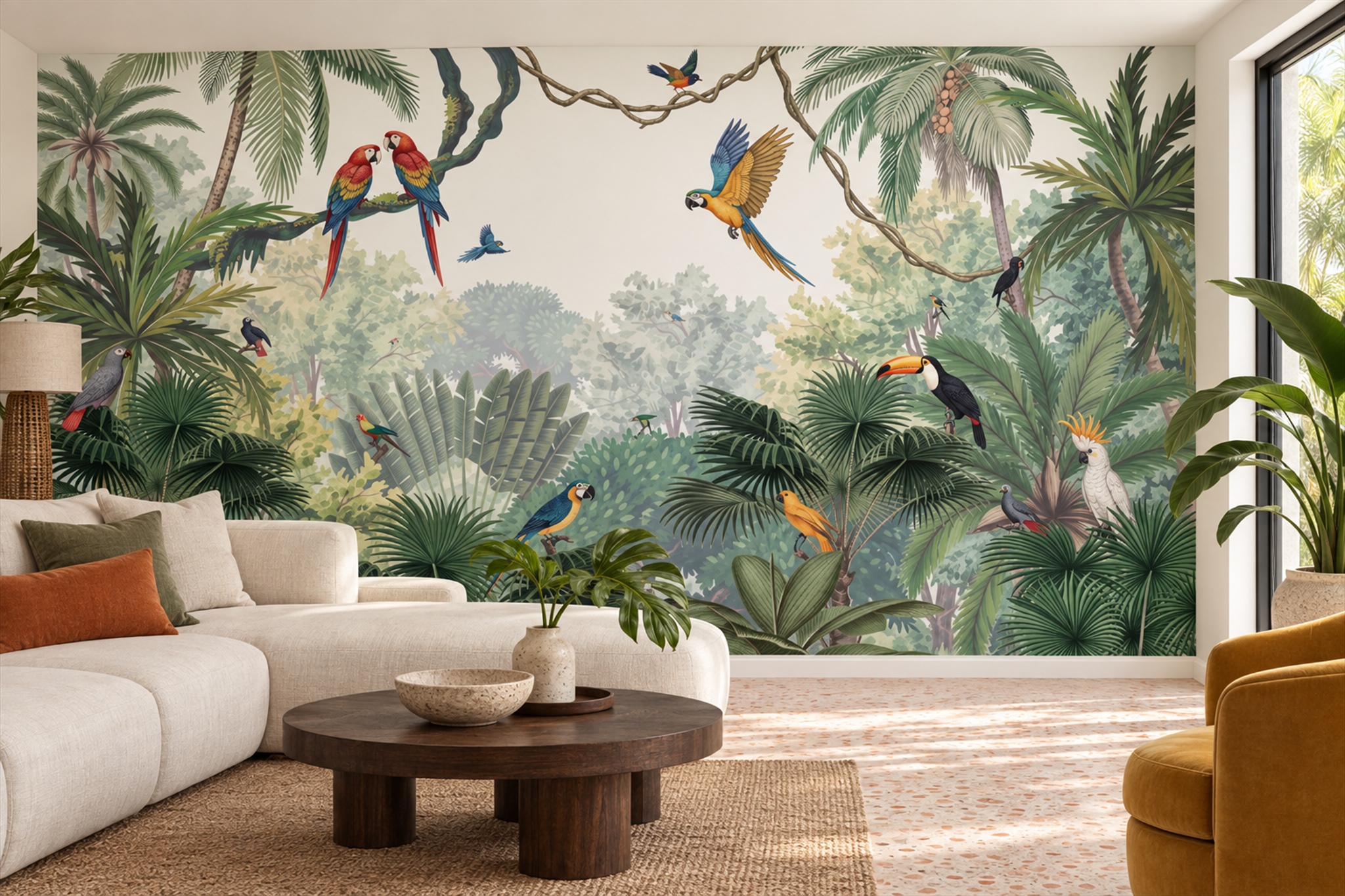 Green Parrot Illustrated Layered Wallpaper Mural Accent-wall-wallpaper-murals, Peel-and-stick Finish