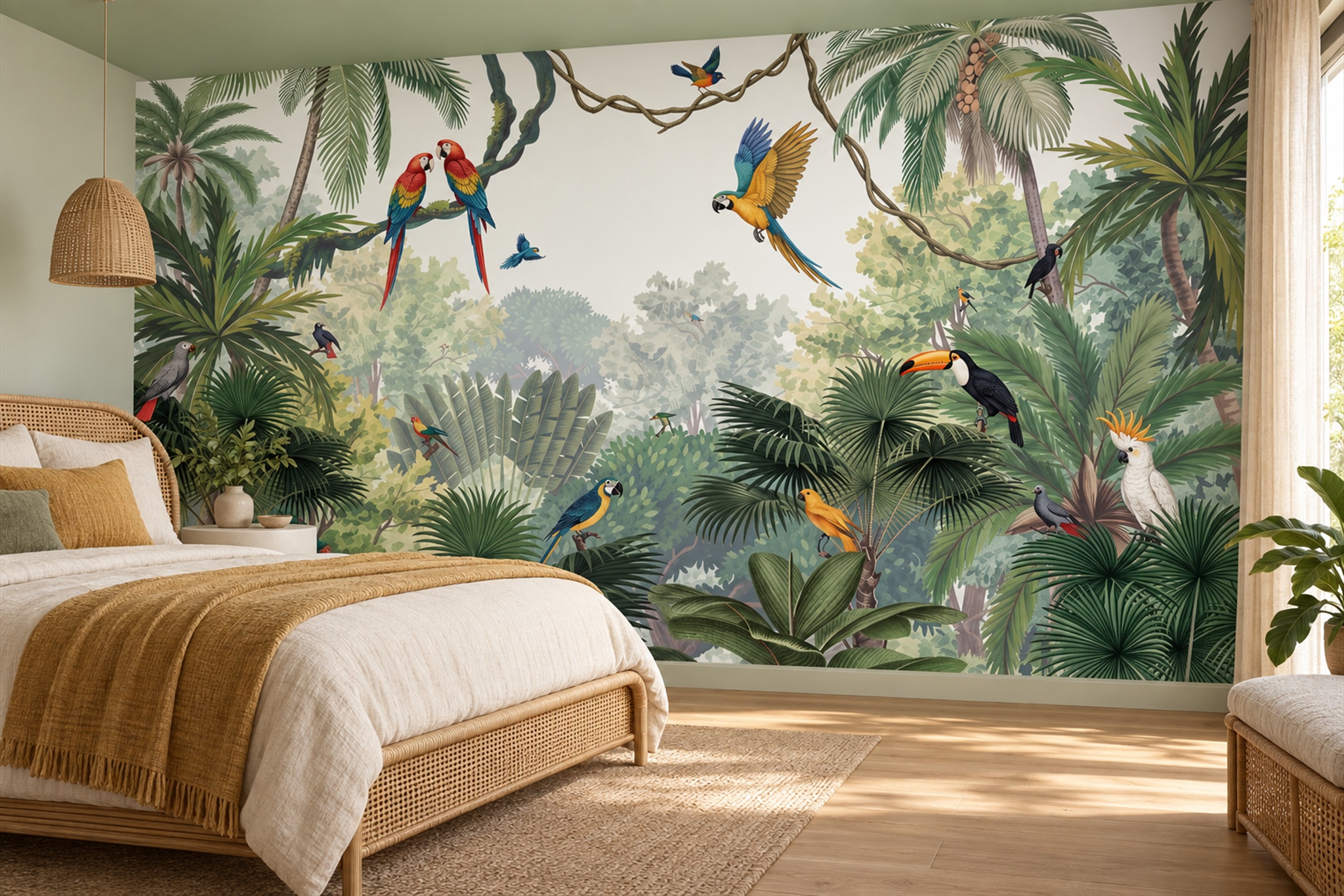 Green Parrot Illustrated Layered Wallpaper Mural Dining-room-wallpaper-murals, Peel-and-stick Finish