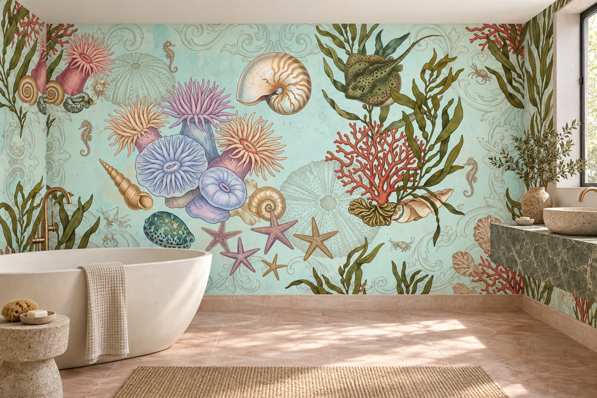 Aqua Pattern Decorative Textured Wallpaper Mural Bathroom-wallpaper-murals, Peel-and-stick Finish