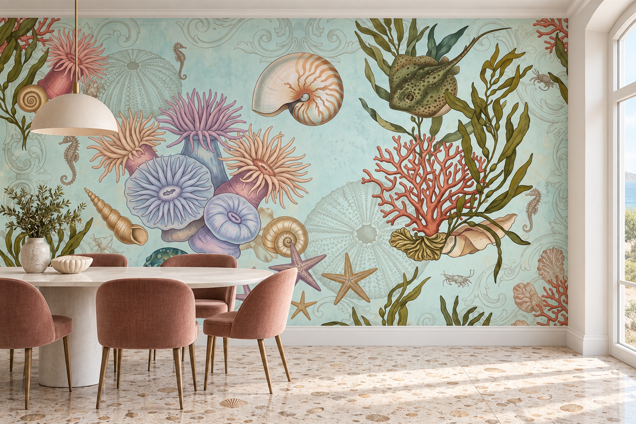 Aqua Pattern Decorative Textured Wallpaper Mural Dining-room-wallpaper-murals, Peel-and-stick Finish