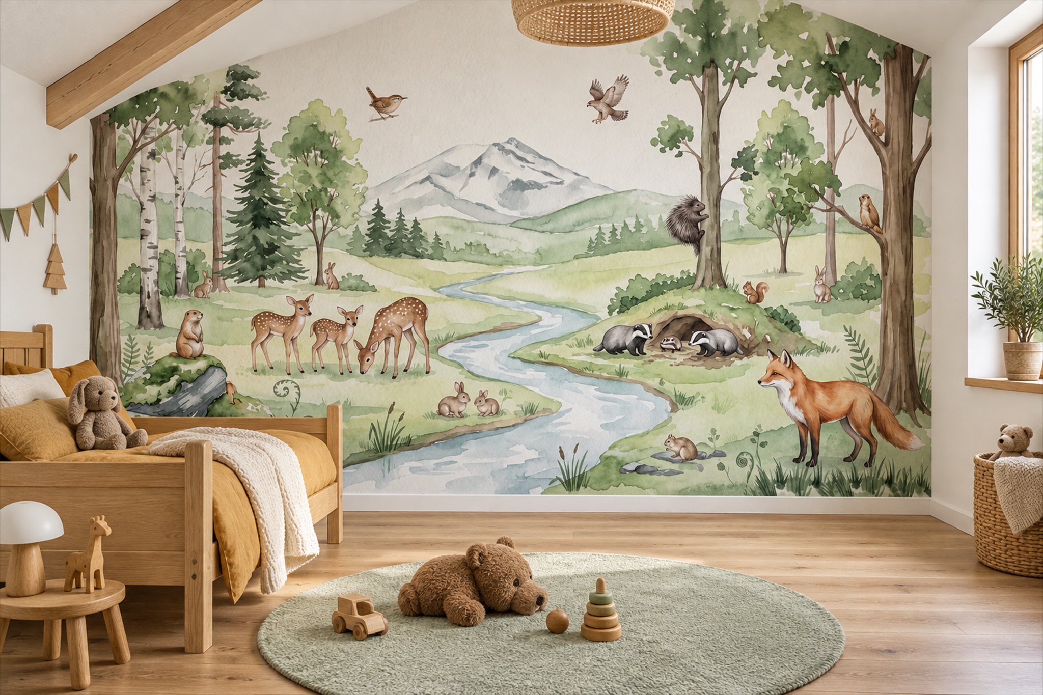 Green Woodland Scenic Decorative Wallpaper Mural Accent-wall-wallpaper-murals, Peel-and-stick Finish