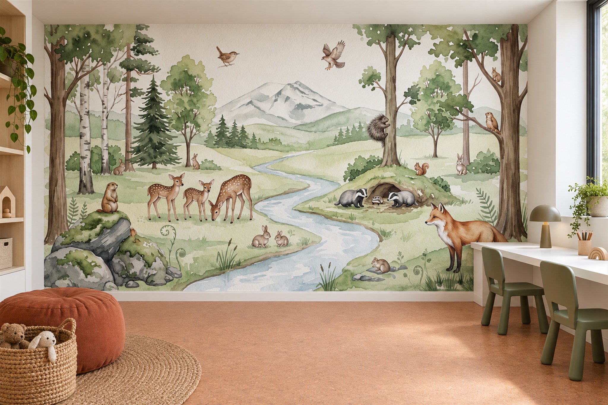 Green Woodland Scenic Decorative Wallpaper Mural Home-office-wallpaper-murals, Shown In A Home Office, Peel-and-stick Finish
