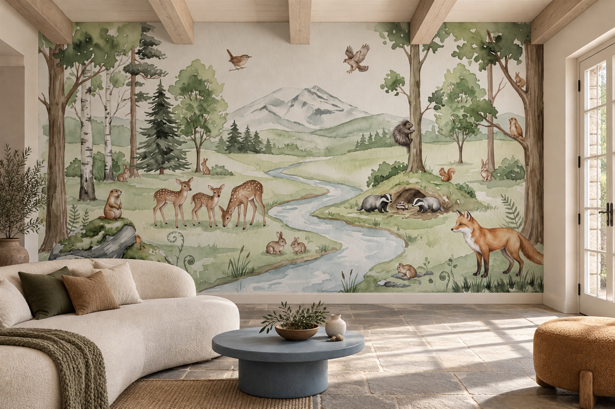 Sage Woodland River And Forest Animals Wallpaper Mural — Wallpaper Mural Design, Peel-and-stick Finish