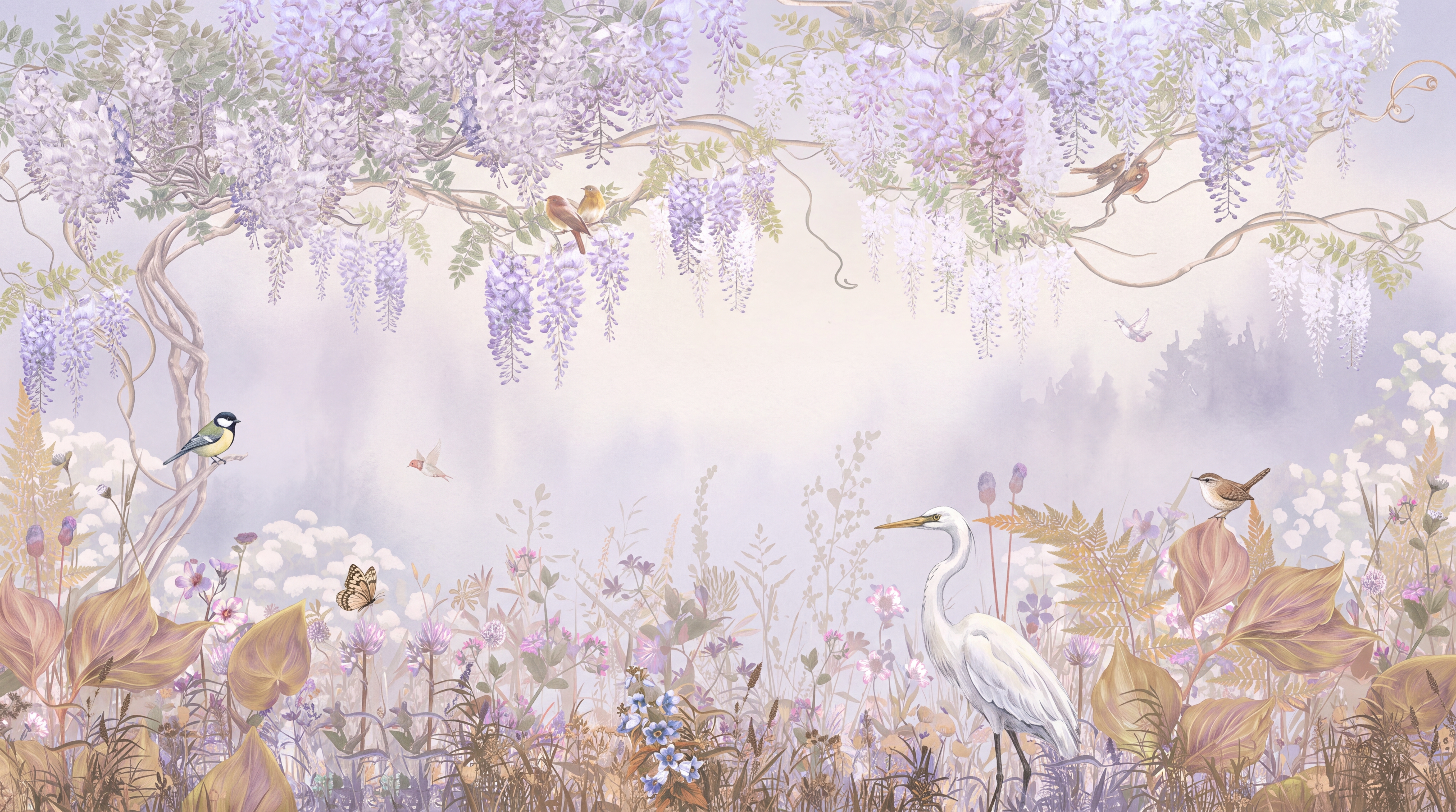 Lilac Pattern Decorative Layered Wallpaper Mural, Peel-and-stick Finish