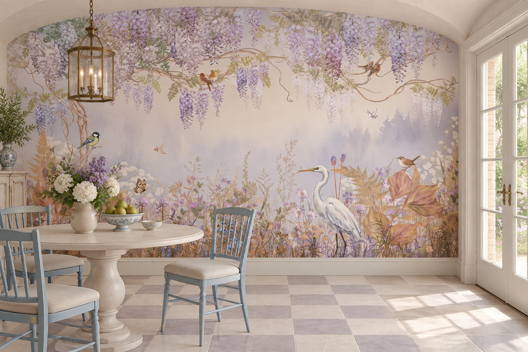 Lilac Pattern Decorative Layered Wallpaper Mural Dining-room-wallpaper-murals, Shown In A Dining Room, Peel-and-stick Finish