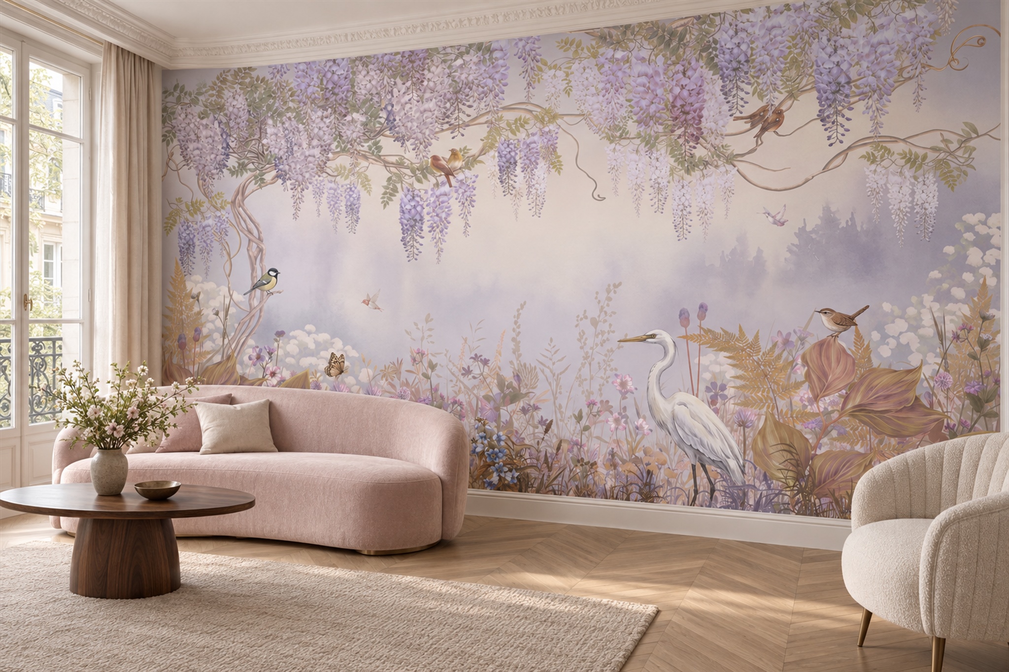 Lilac Pattern Decorative Layered Wallpaper Mural Bedroom-wallpaper-murals, Peel-and-stick Finish