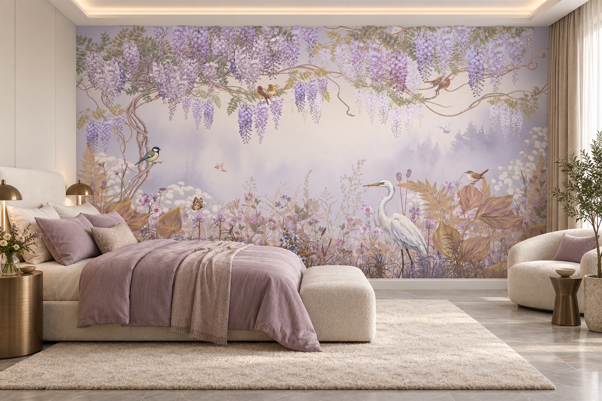 Lilac Pattern Decorative Layered Wallpaper Mural Bedroom-wallpaper-murals, Peel-and-stick Finish