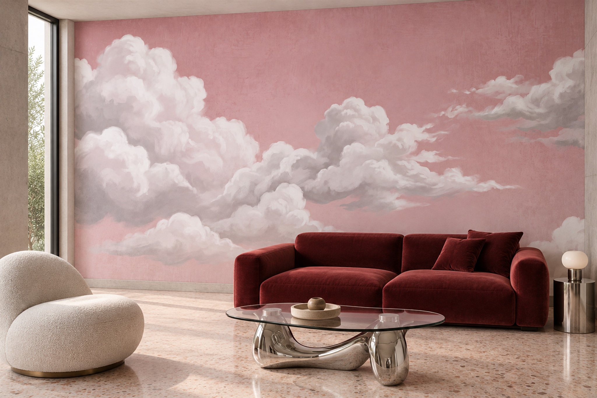 Pink Cloudscape Wallpaper Mural — Wallpaper Mural Design, Peel-and-stick Finish