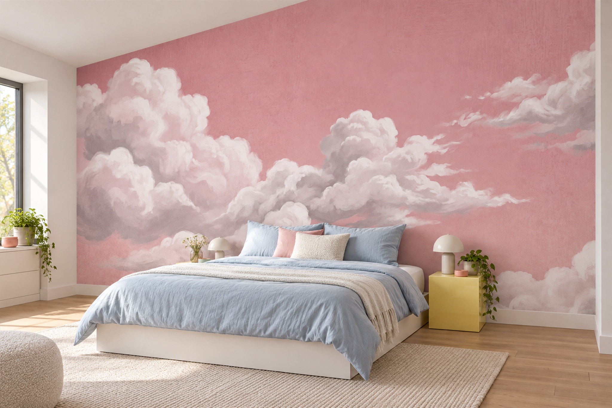 Pink Clouds Artful Abstract Wallpaper Mural Accent-wall-wallpaper-murals, Peel-and-stick Finish