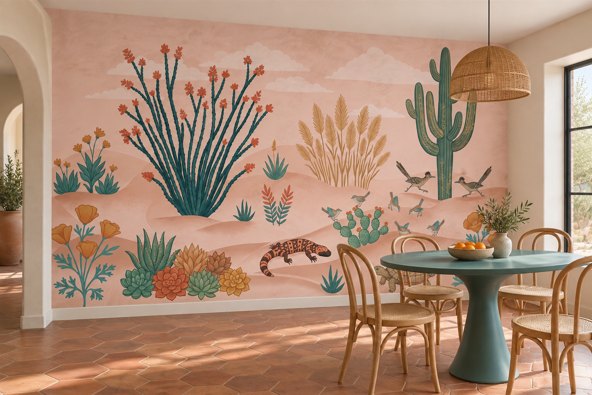 Peach Cactus Artful Wallpaper Mural Dining-room-wallpaper-murals, Shown In A Dining Room, Peel-and-stick Finish