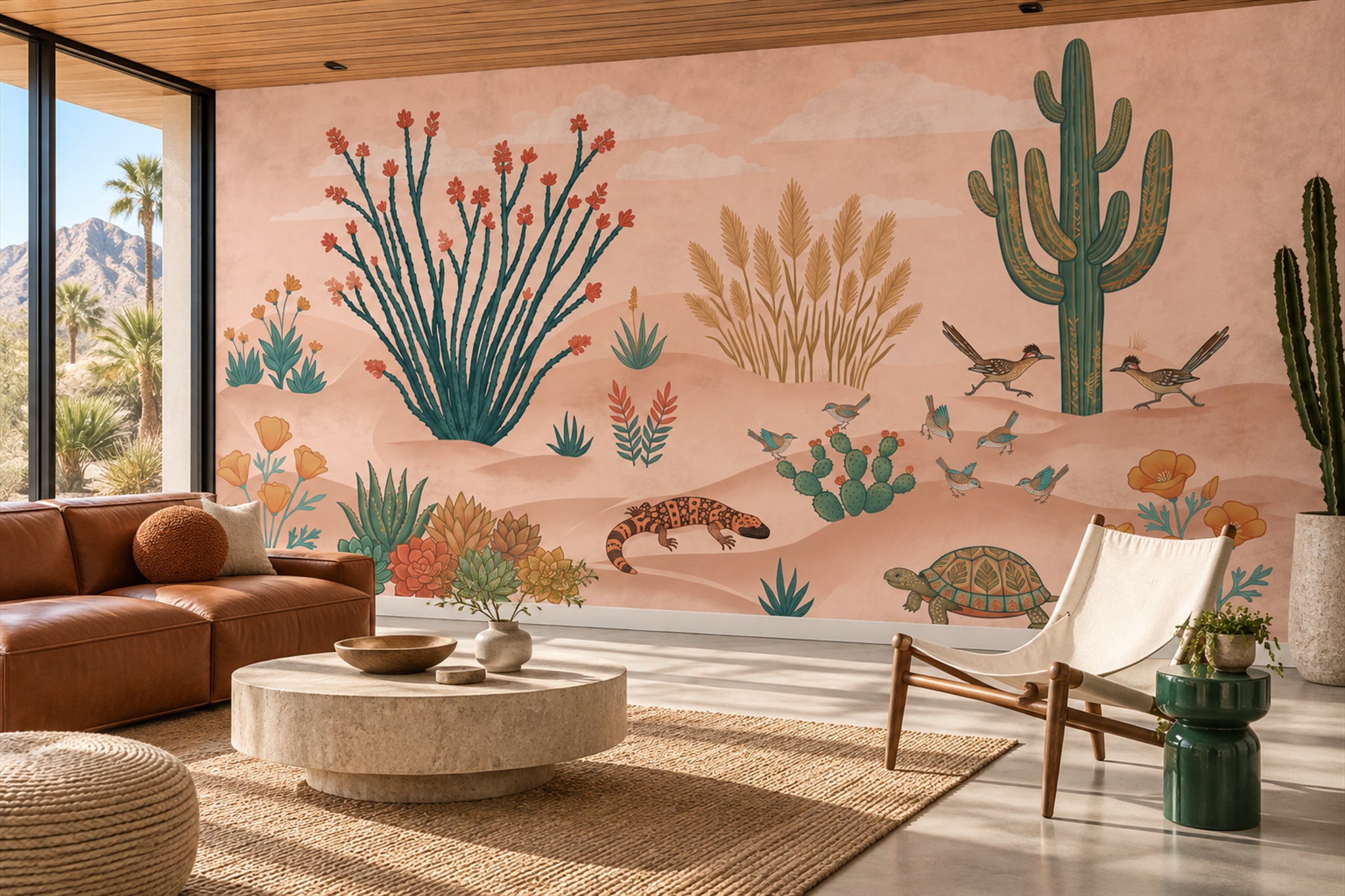 Peach Cactus Artful Wallpaper Mural Accent-wall-wallpaper-murals, Peel-and-stick Finish