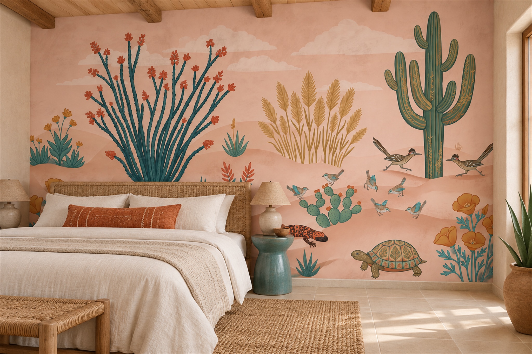 Peach Cactus Artful Wallpaper Mural Accent-wall-wallpaper-murals, Peel-and-stick Finish