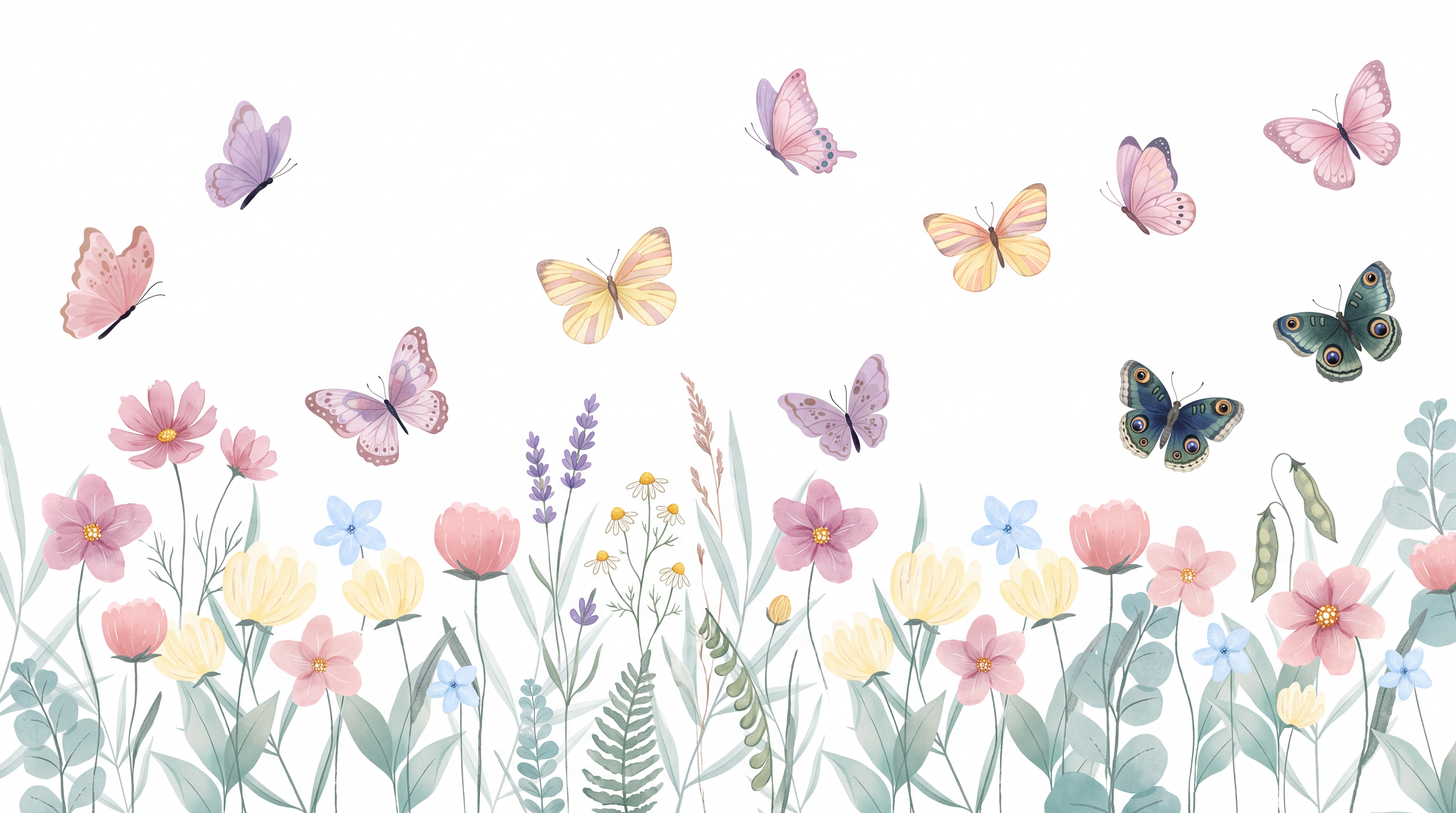 Pink Butterfly Illustrated Decorative Wallpaper Mural, Peel-and-stick Finish