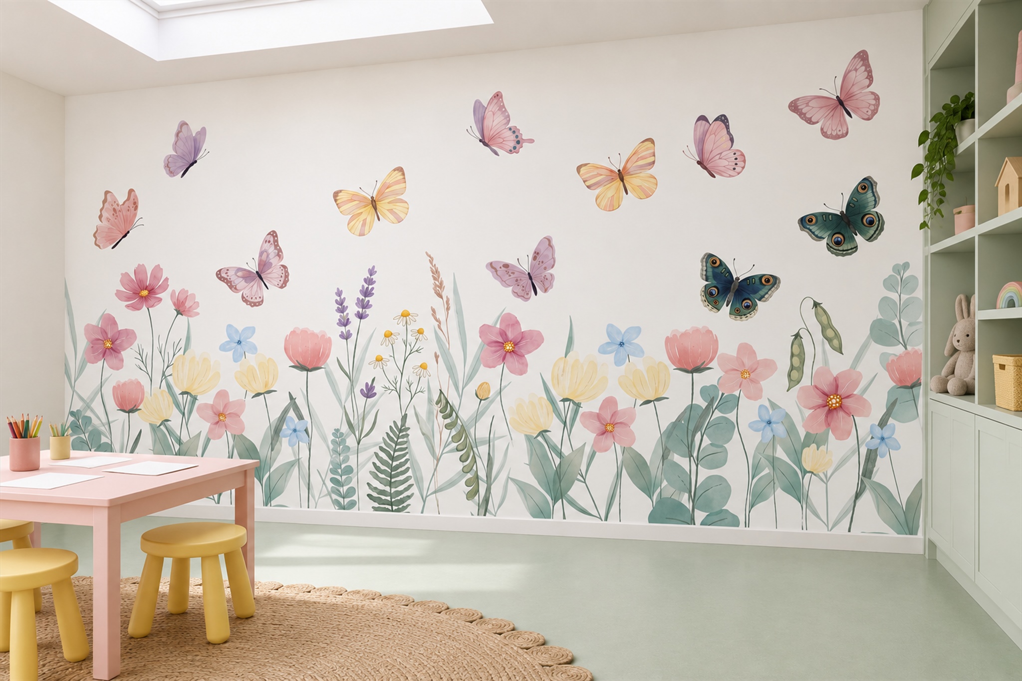 Pink Butterfly Illustrated Decorative Wallpaper Mural Accent-wall-wallpaper-murals, Peel-and-stick Finish