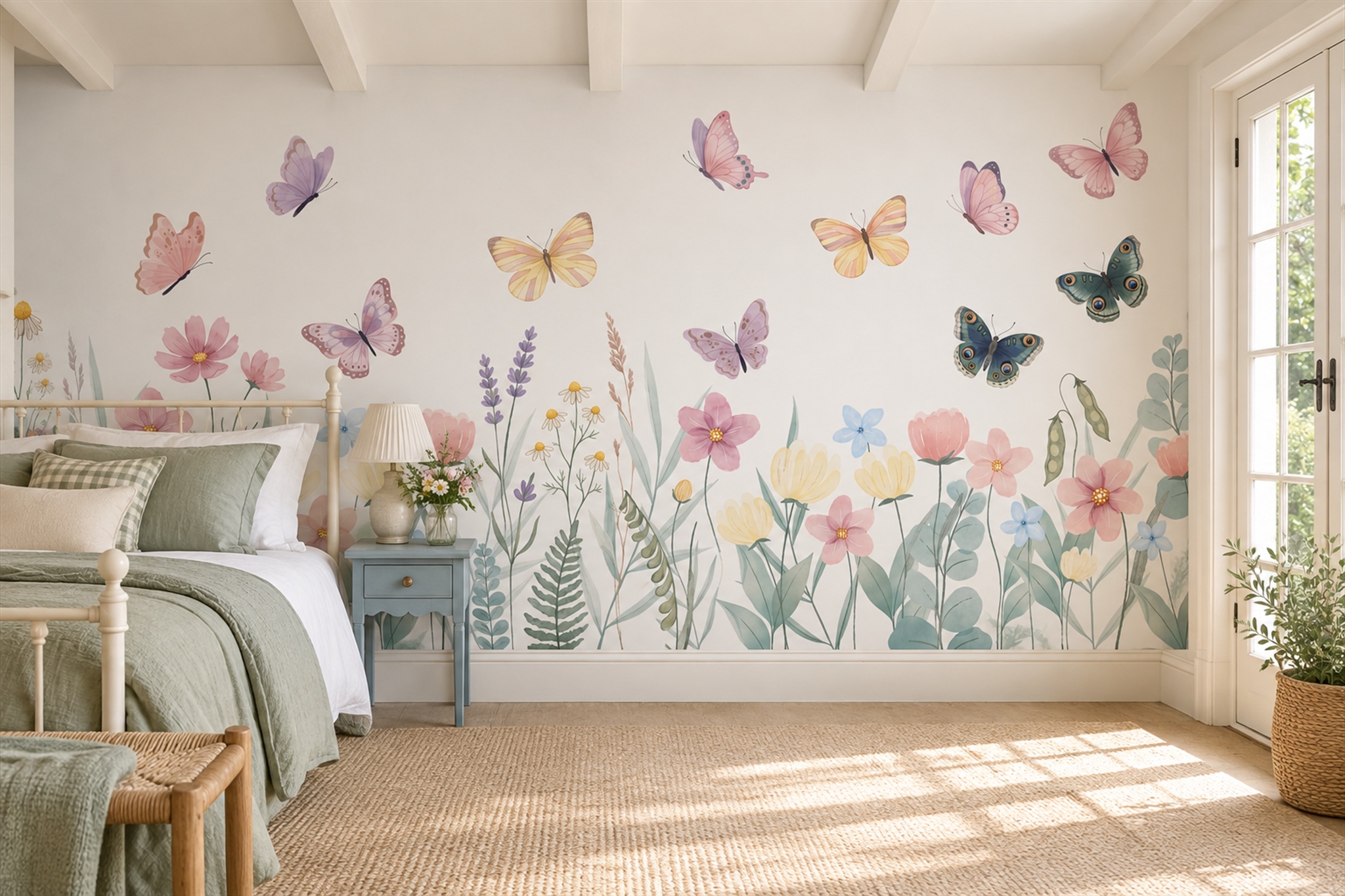 Pink Butterflies And Wildflower Meadow Wallpaper Mural — Installed Wallpaper Mural In A Bedroom, Peel-and-stick Finish