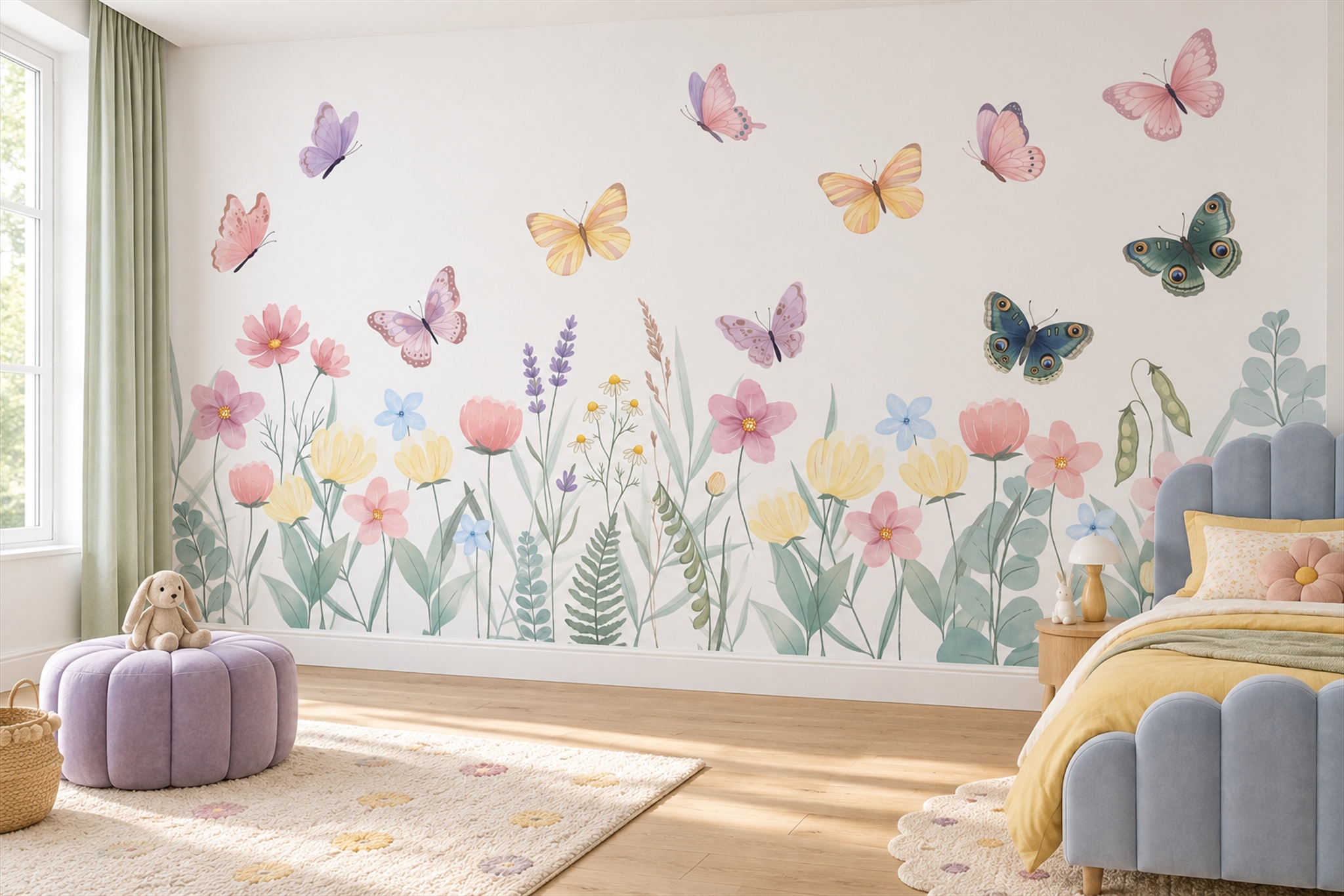 Pink Butterfly Illustrated Decorative Wallpaper Mural Bedroom-wallpaper-murals, Peel-and-stick Finish