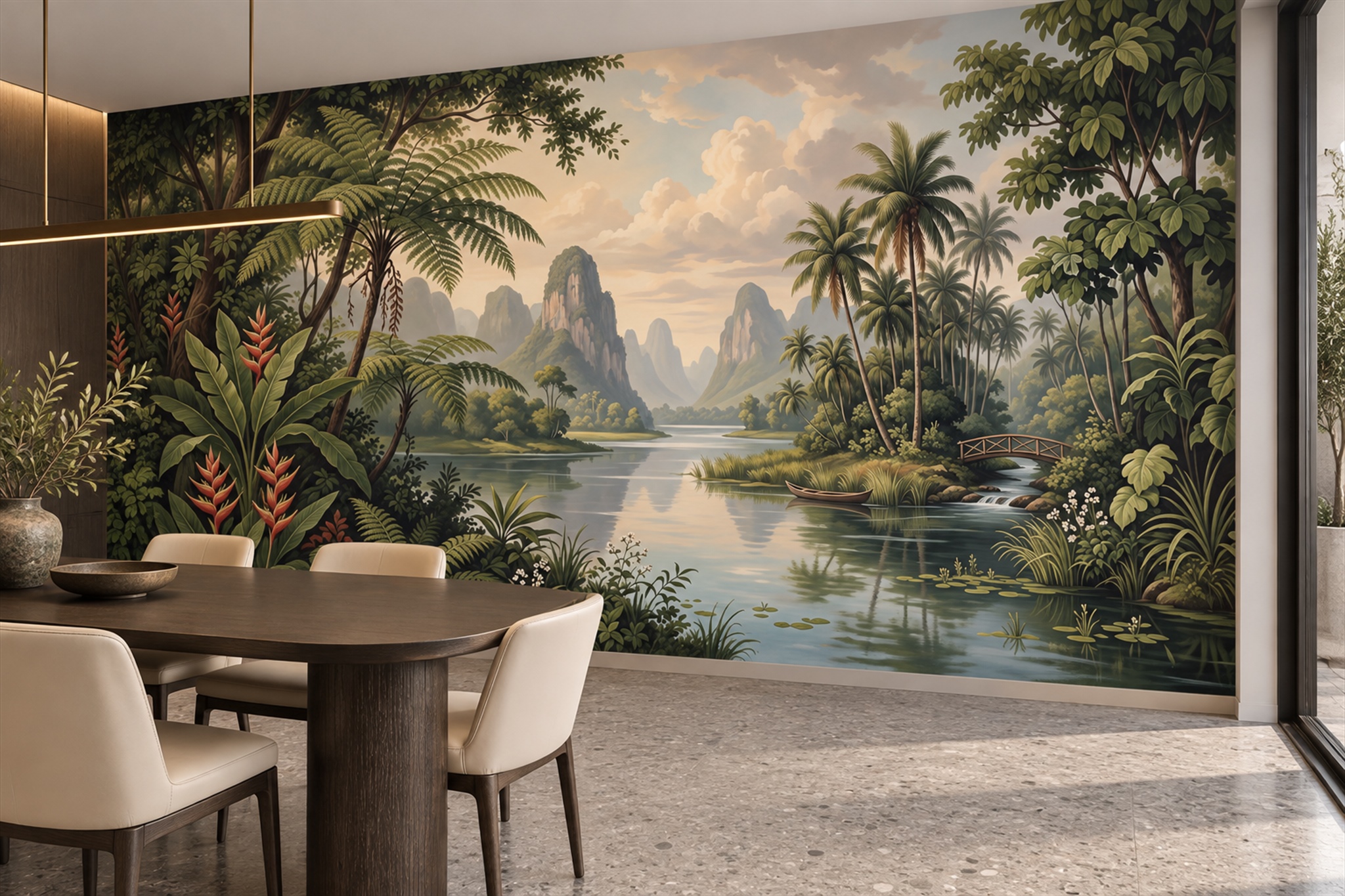 Olive River Scenic Painterly Wallpaper Mural Dining-room-wallpaper-murals, Shown In A Dining Room, Peel-and-stick Finish