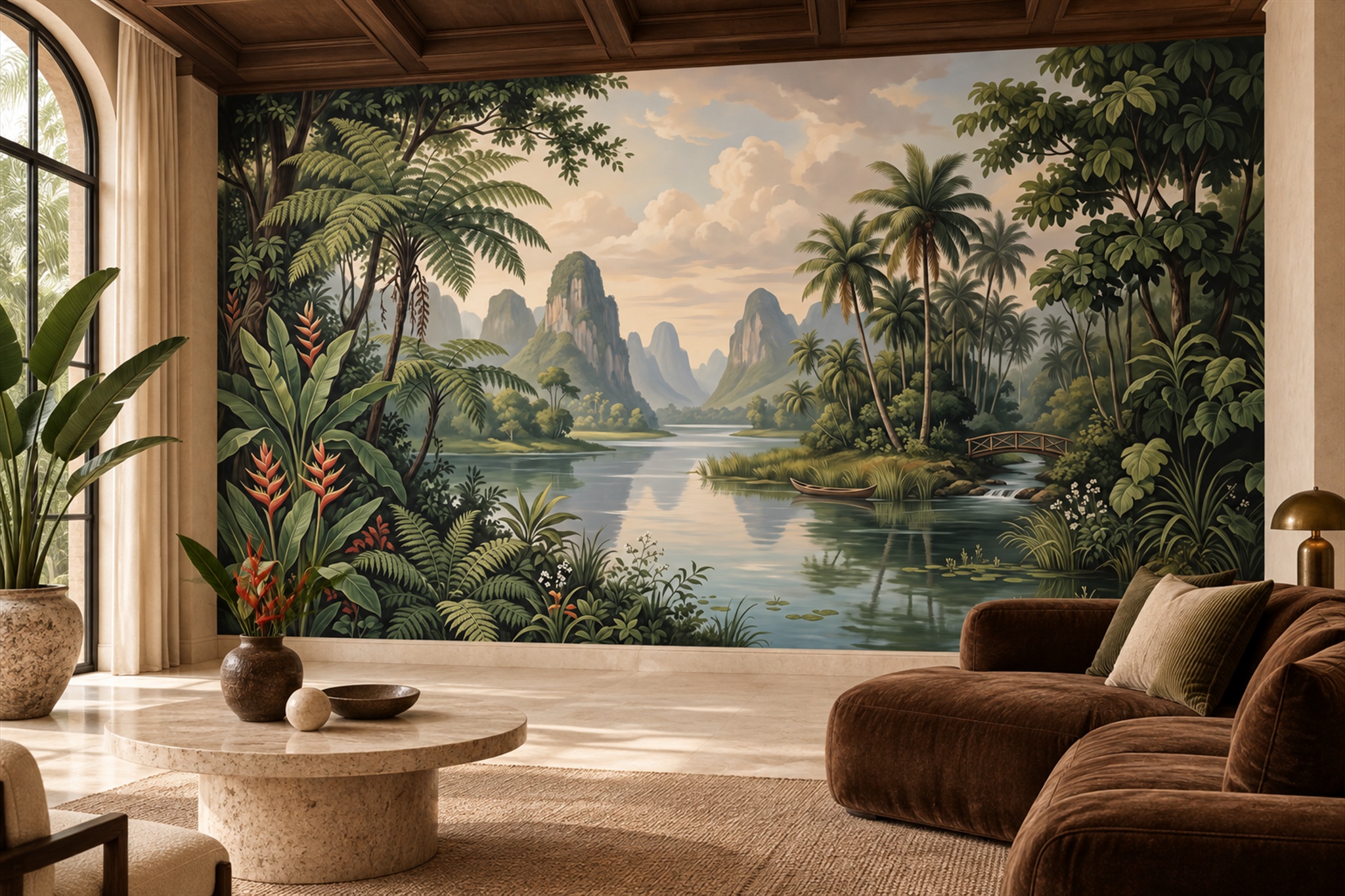 Olive Tropical River Valley Waterfall Wallpaper Mural — Wallpaper Mural Design, Peel-and-stick Finish