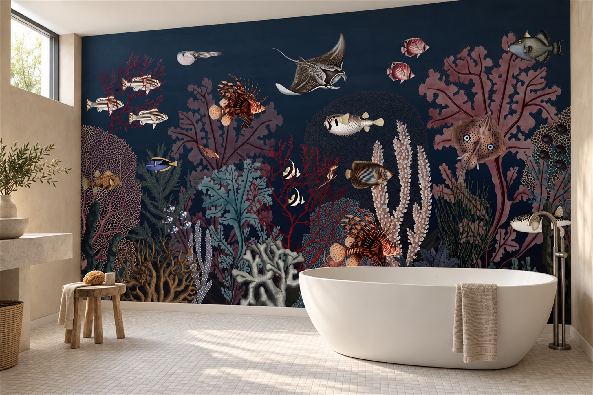 Navy Reef Scenic Wallpaper Mural Bathroom-wallpaper-murals, Peel-and-stick Finish