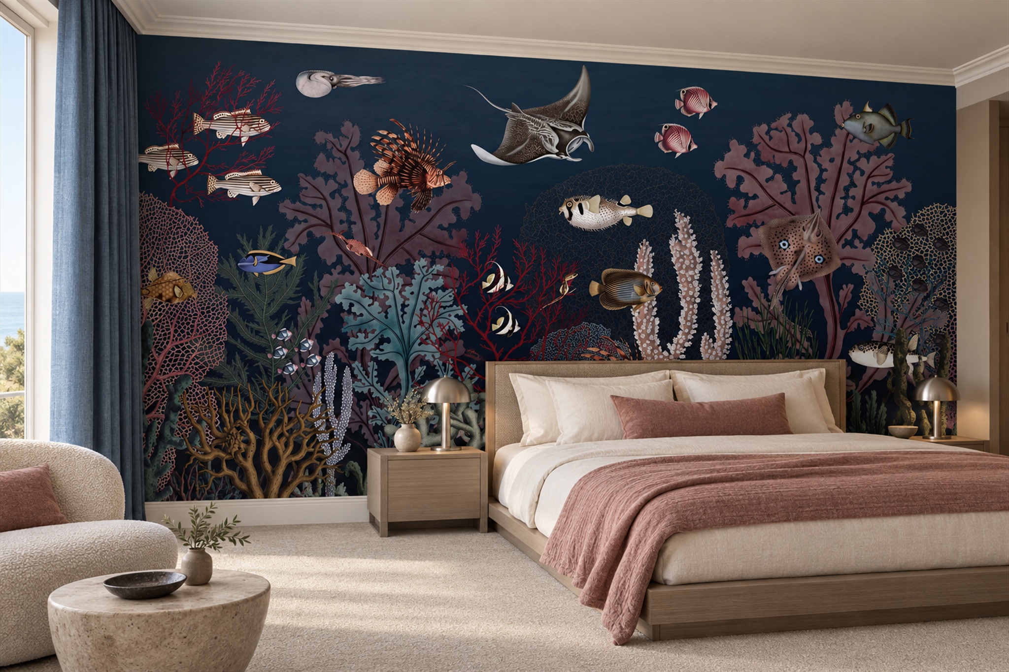 Navy Reef Scenic Wallpaper Mural Bedroom-wallpaper-murals, Peel-and-stick Finish