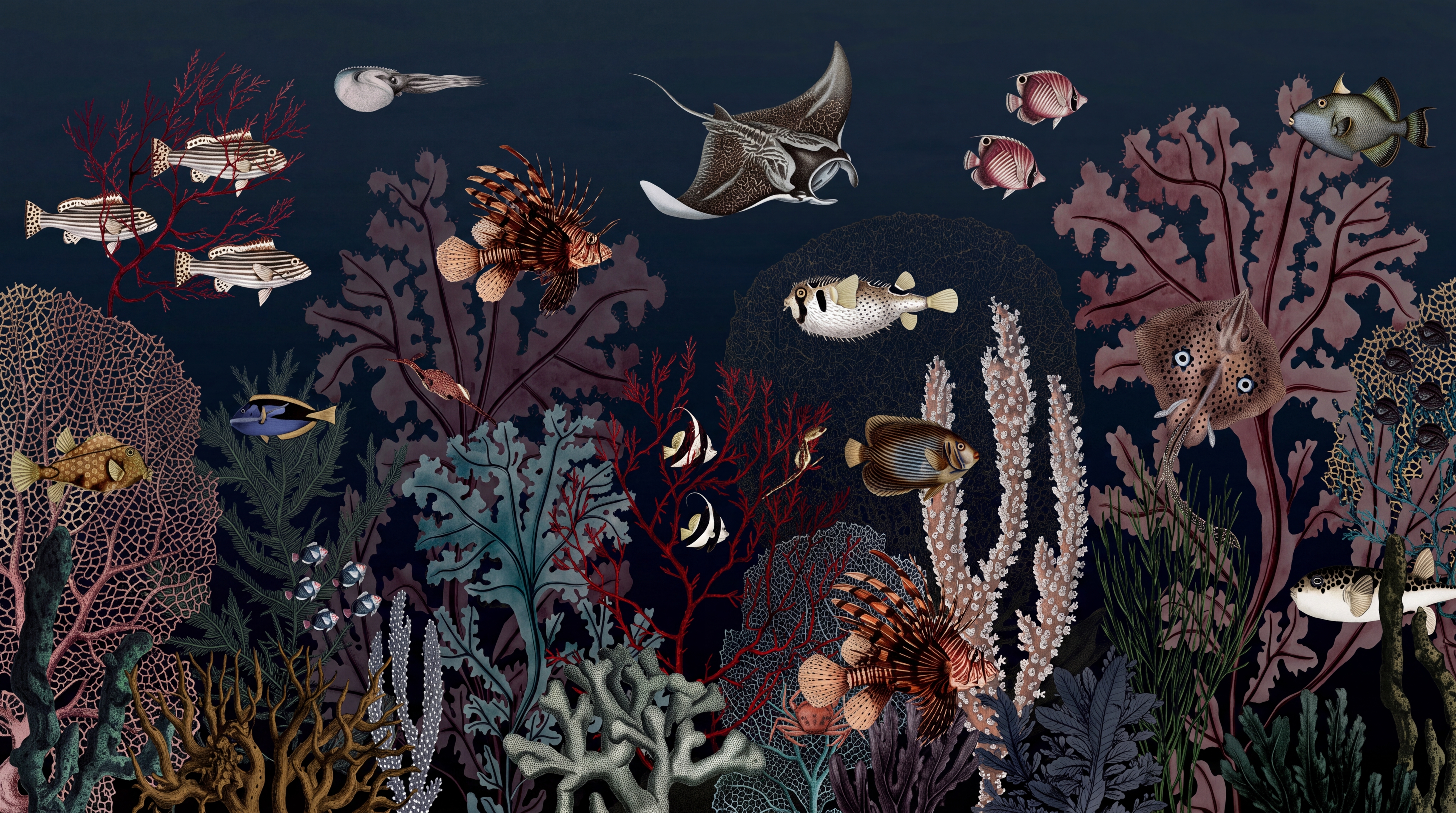 Navy Reef Scenic Wallpaper Mural Dining-room-wallpaper-murals, Peel-and-stick Finish
