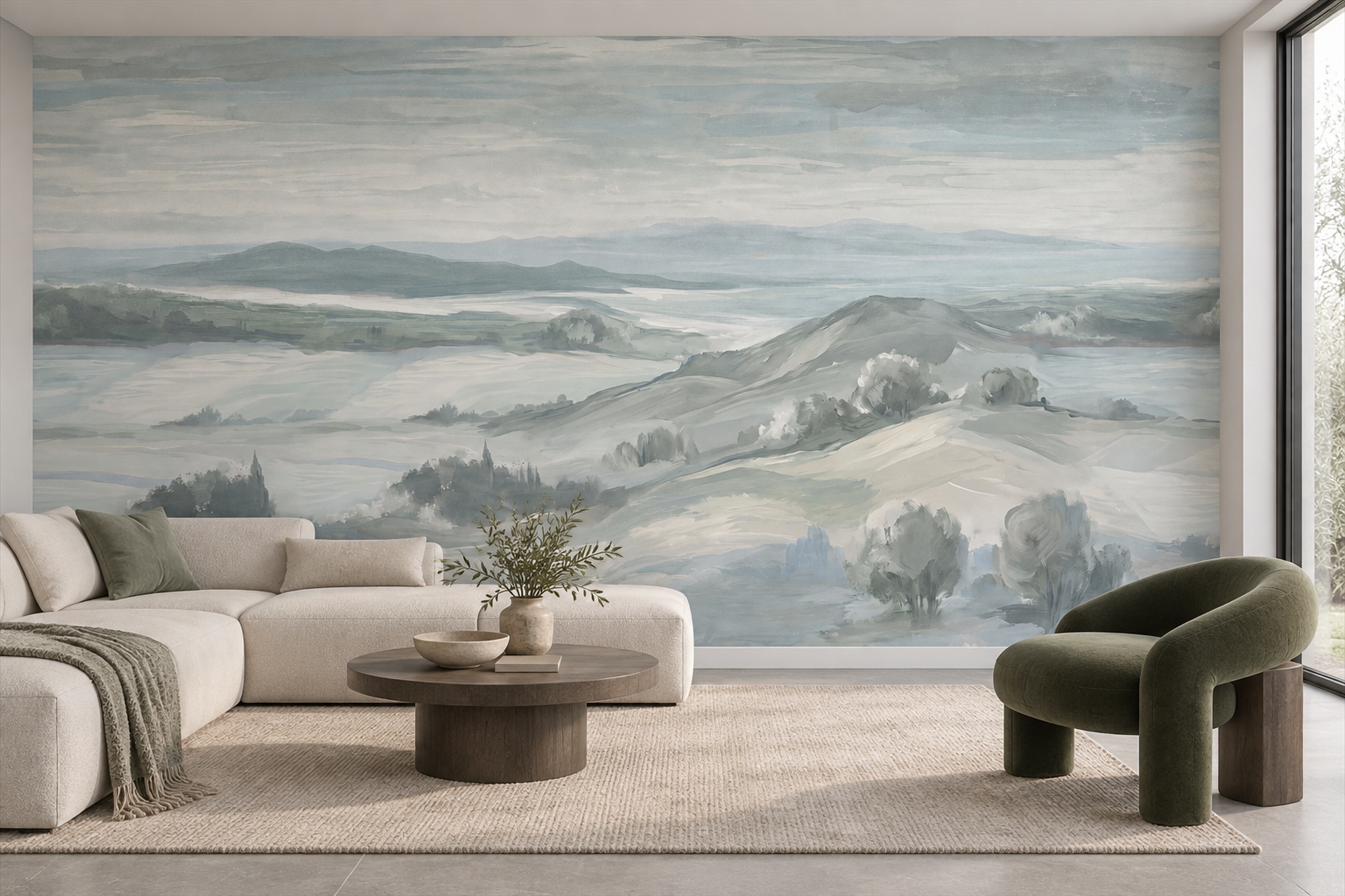 Misty Sage Hills Scenic Wallpaper Mural — Wallpaper Mural Design, Peel-and-stick Finish