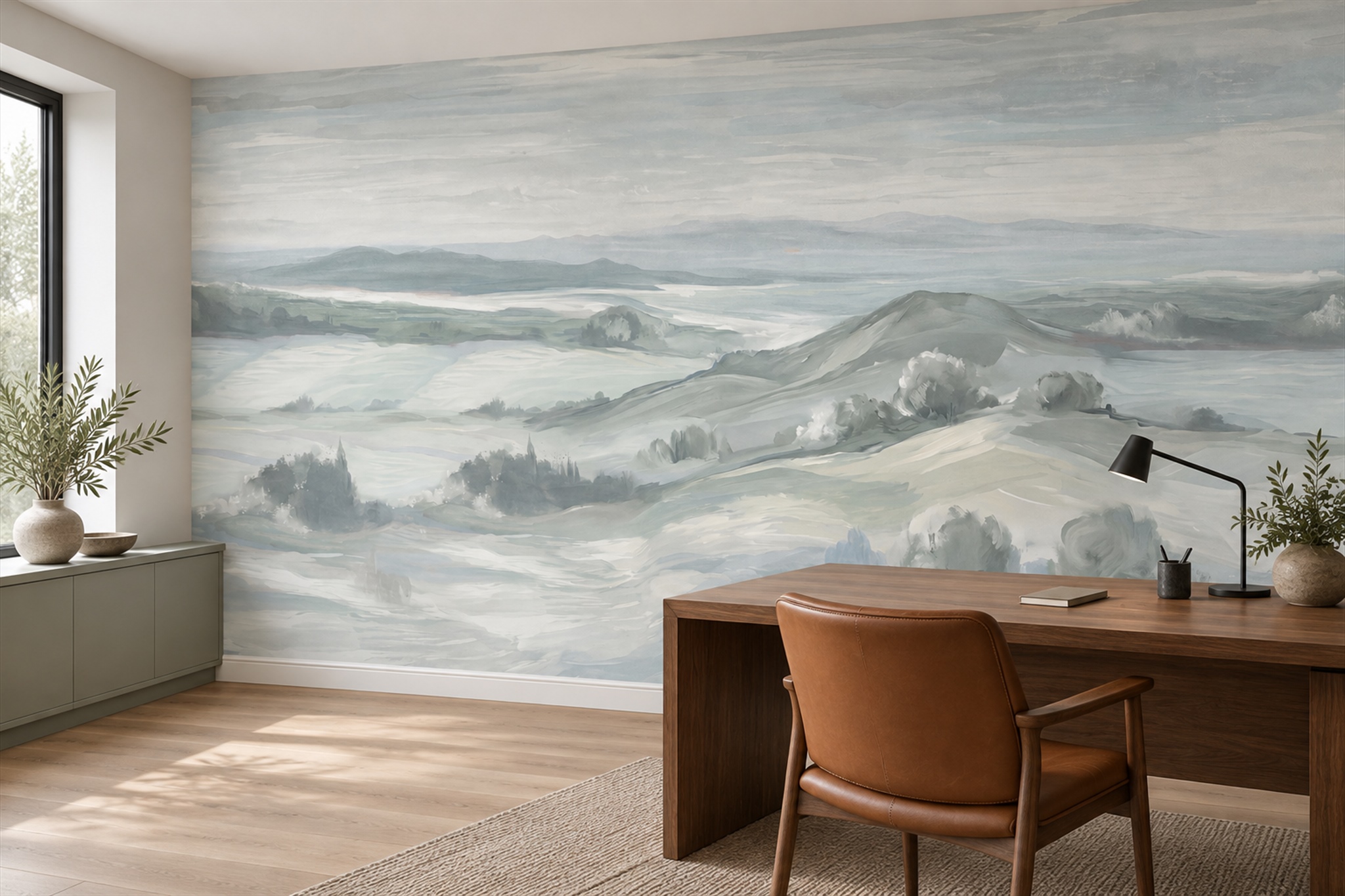 Sage Hills Scenic Painterly Wallpaper Mural Home-office-wallpaper-murals, Shown In A Home Office, Peel-and-stick Finish