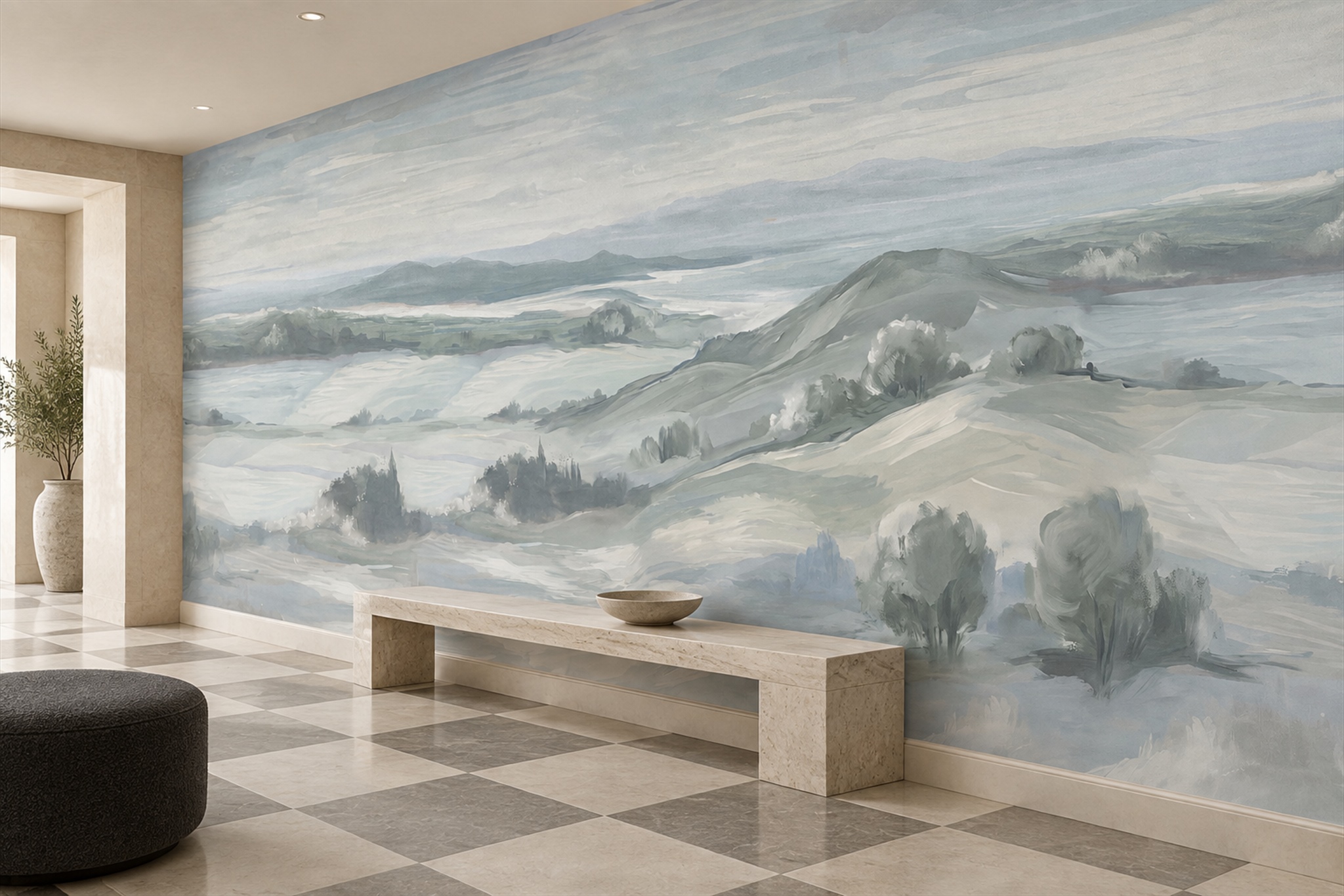 Sage Hills Scenic Painterly Wallpaper Mural Living-room-wallpaper-murals, Peel-and-stick Finish