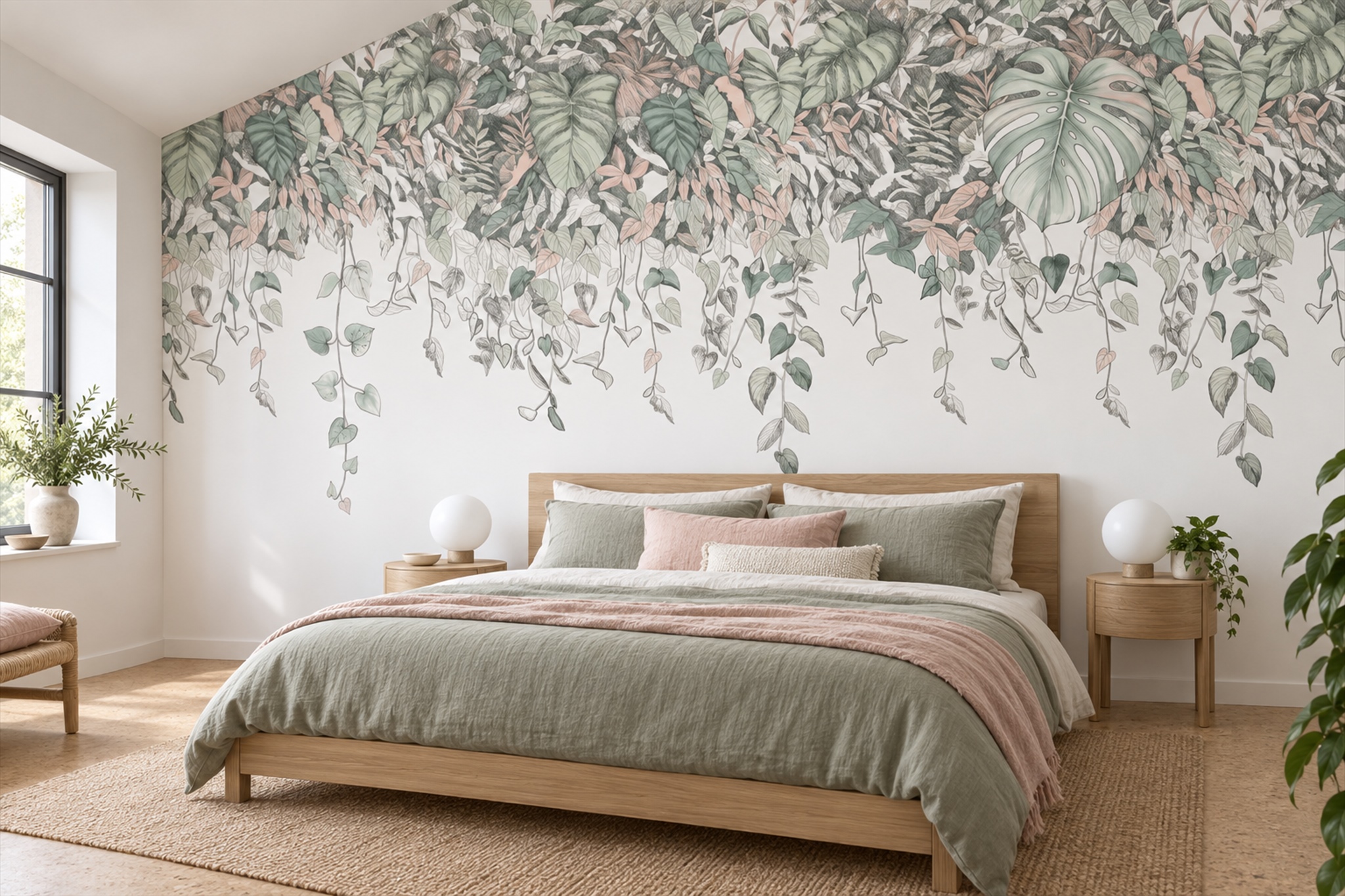 Trailing Sage Green Vines Botanical Wallpaper Mural — Installed Wallpaper Mural In A Bedroom, Peel-and-stick Finish