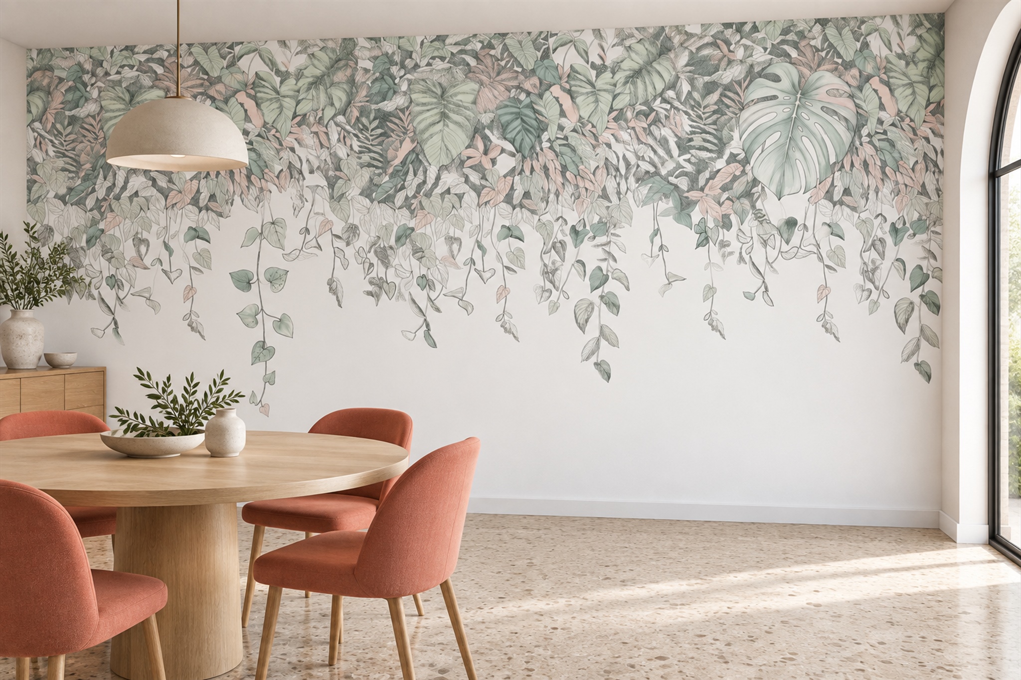 Sage Vine Botanical Decorative Wallpaper Mural Dining-room-wallpaper-murals, Shown In A Dining Room, Peel-and-stick Finish