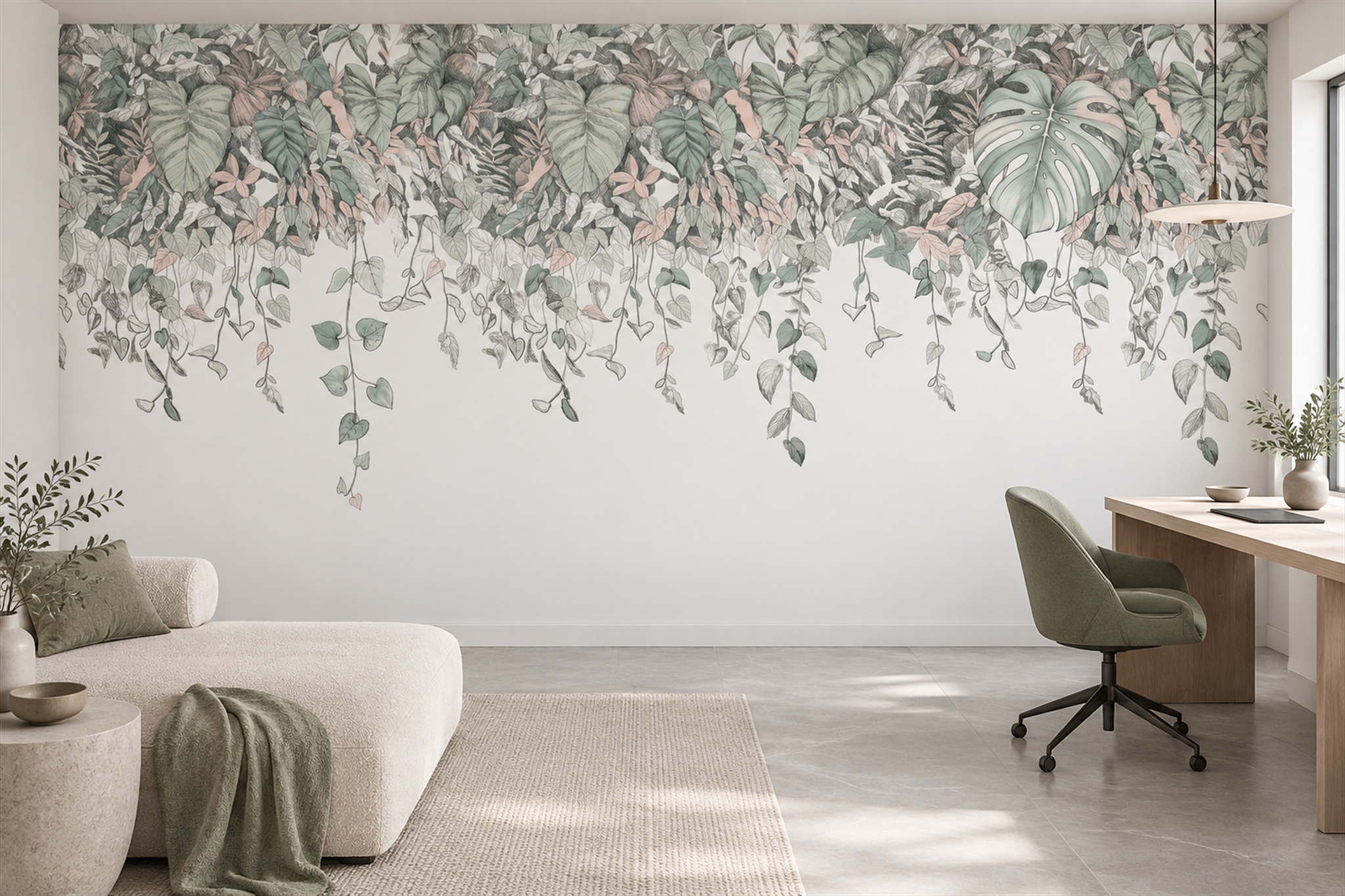 Sage Vine Botanical Decorative Wallpaper Mural Home-office-wallpaper-murals, Shown In A Home Office, Peel-and-stick Finish