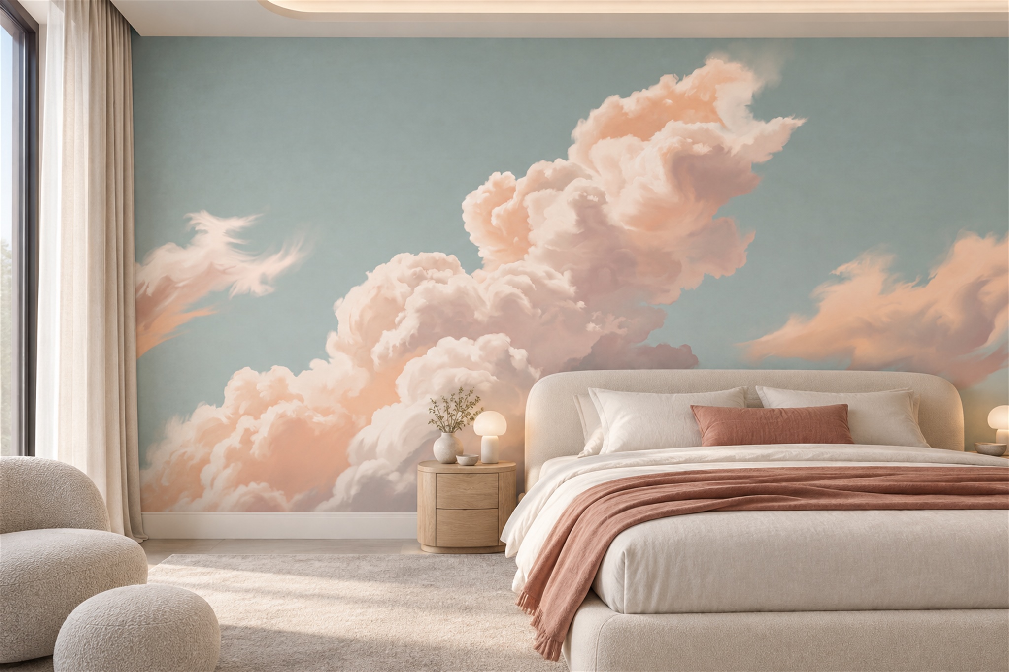 Peach Clouds Artful Wallpaper Mural Bedroom-wallpaper-murals, Peel-and-stick Finish