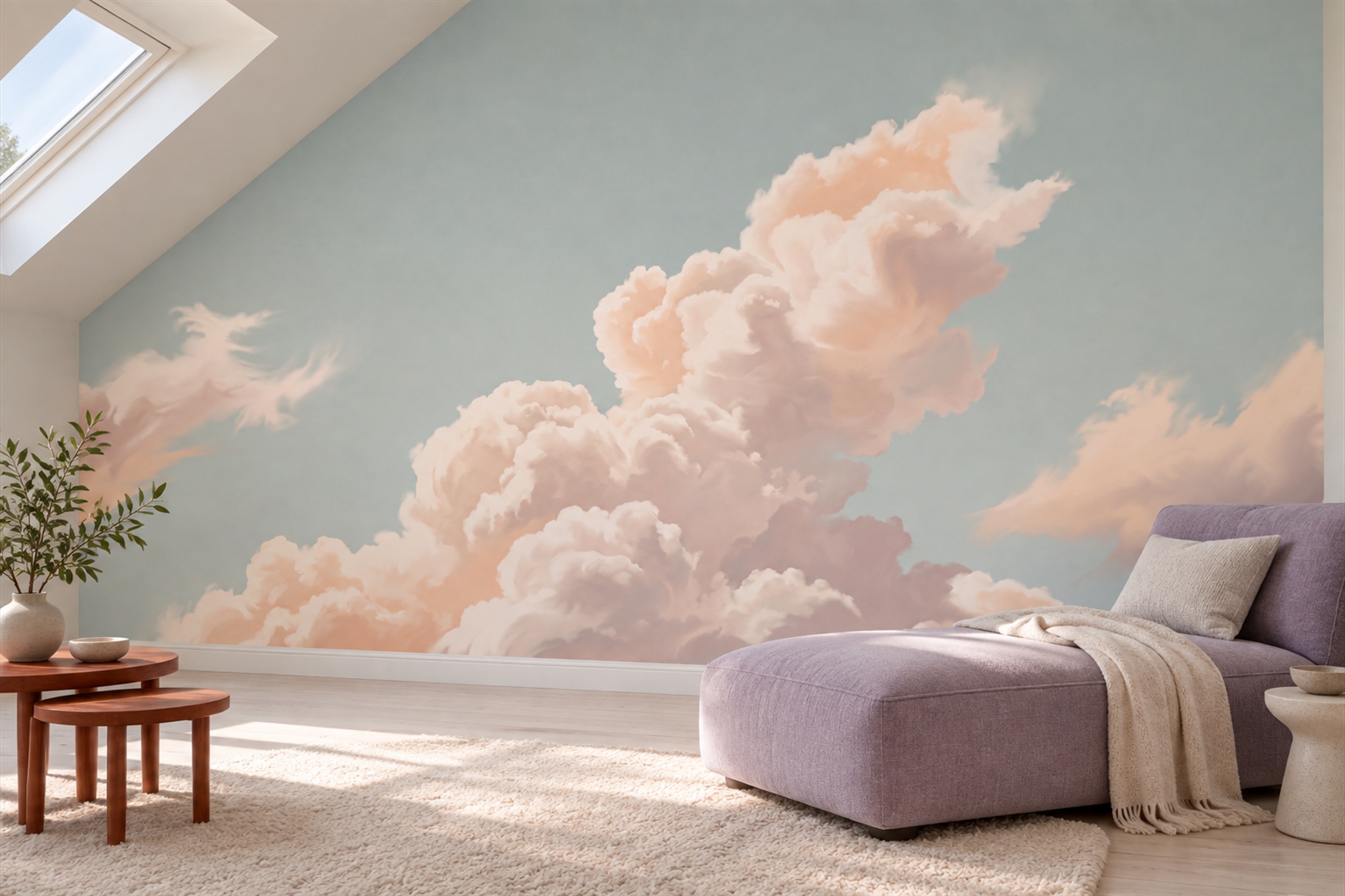 Peach Clouds Artful Wallpaper Mural Feature-wall-wallpaper-murals, Peel-and-stick Finish