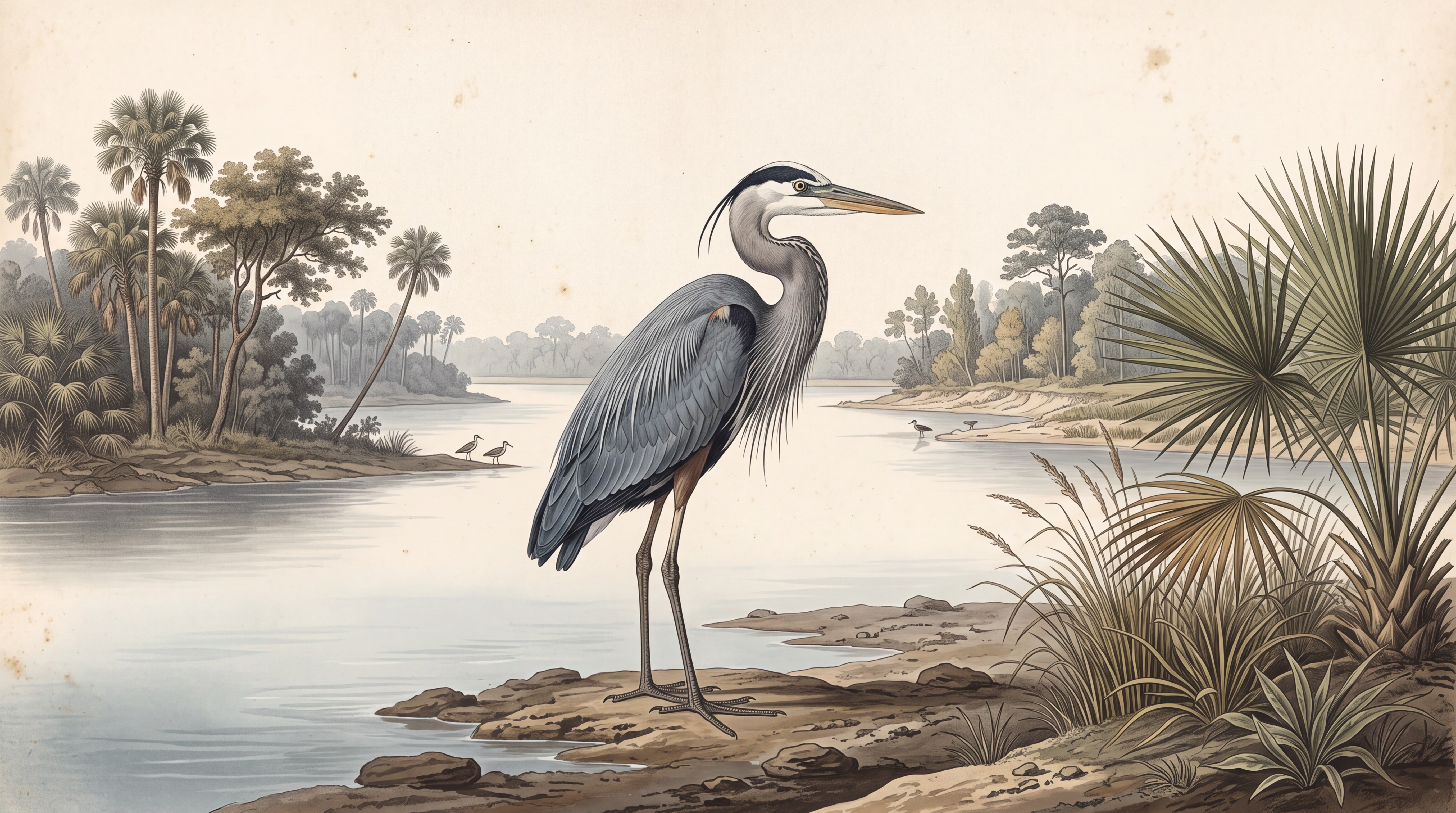 Grey Heron Illustrated Decorative Wallpaper Mural, Peel-and-stick Finish