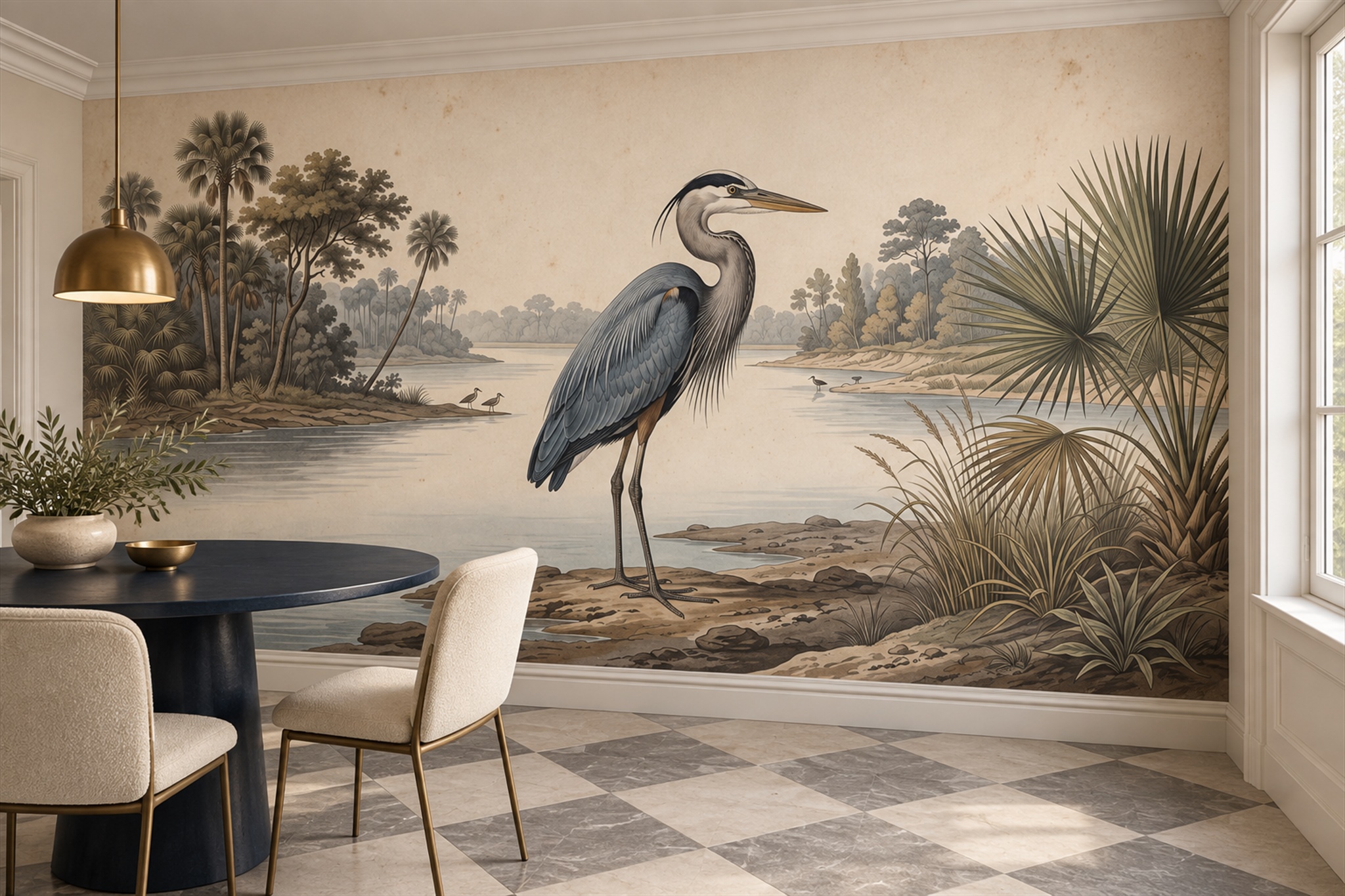 Grey Heron Illustrated Decorative Wallpaper Mural Dining-room-wallpaper-murals, Shown In A Dining Room, Peel-and-stick Finish
