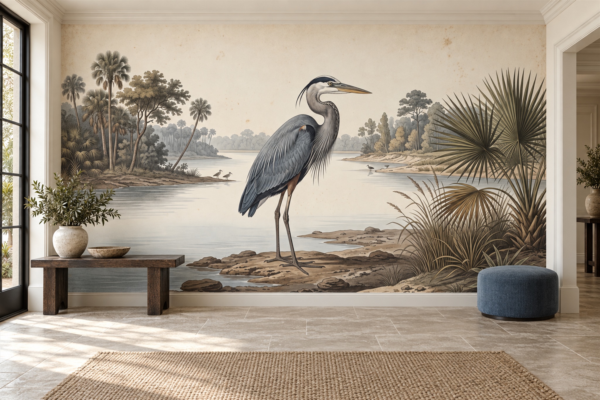 Grey Heron Illustrated Decorative Wallpaper Mural Living-room-wallpaper-murals, Peel-and-stick Finish