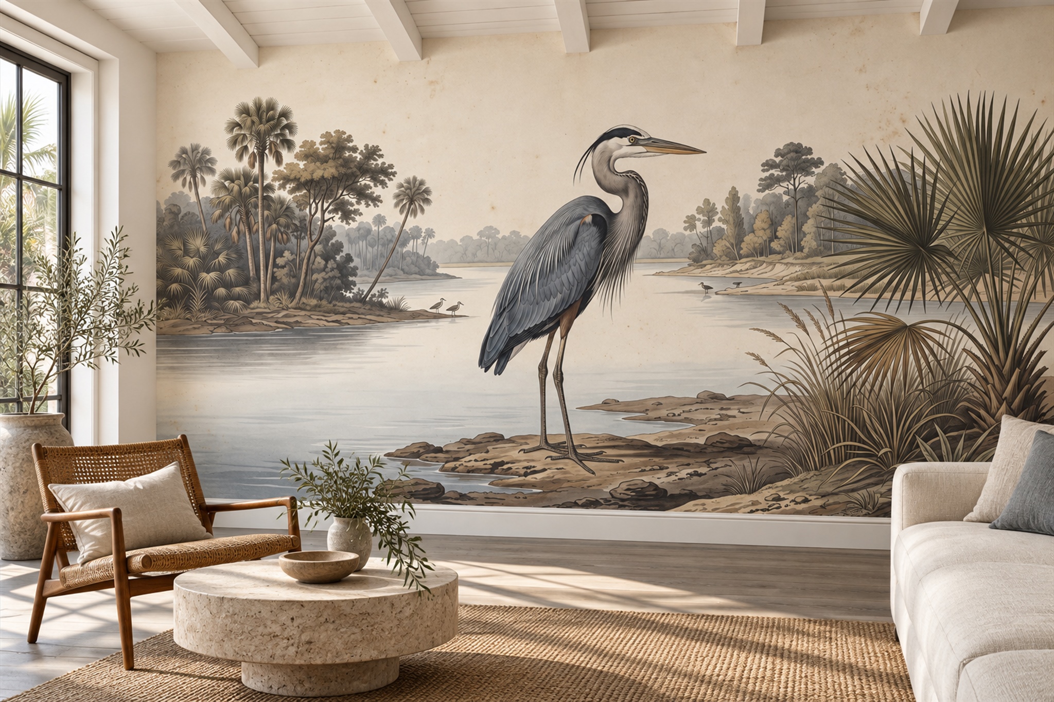 Grey Heron By A Quiet River Wallpaper Mural — Wallpaper Mural Design, Peel-and-stick Finish