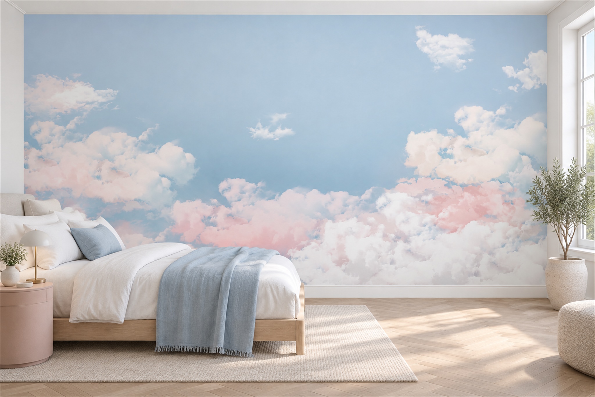 Blue Clouds Artful Textured Wallpaper Mural Bedroom-wallpaper-murals, Peel-and-stick Finish