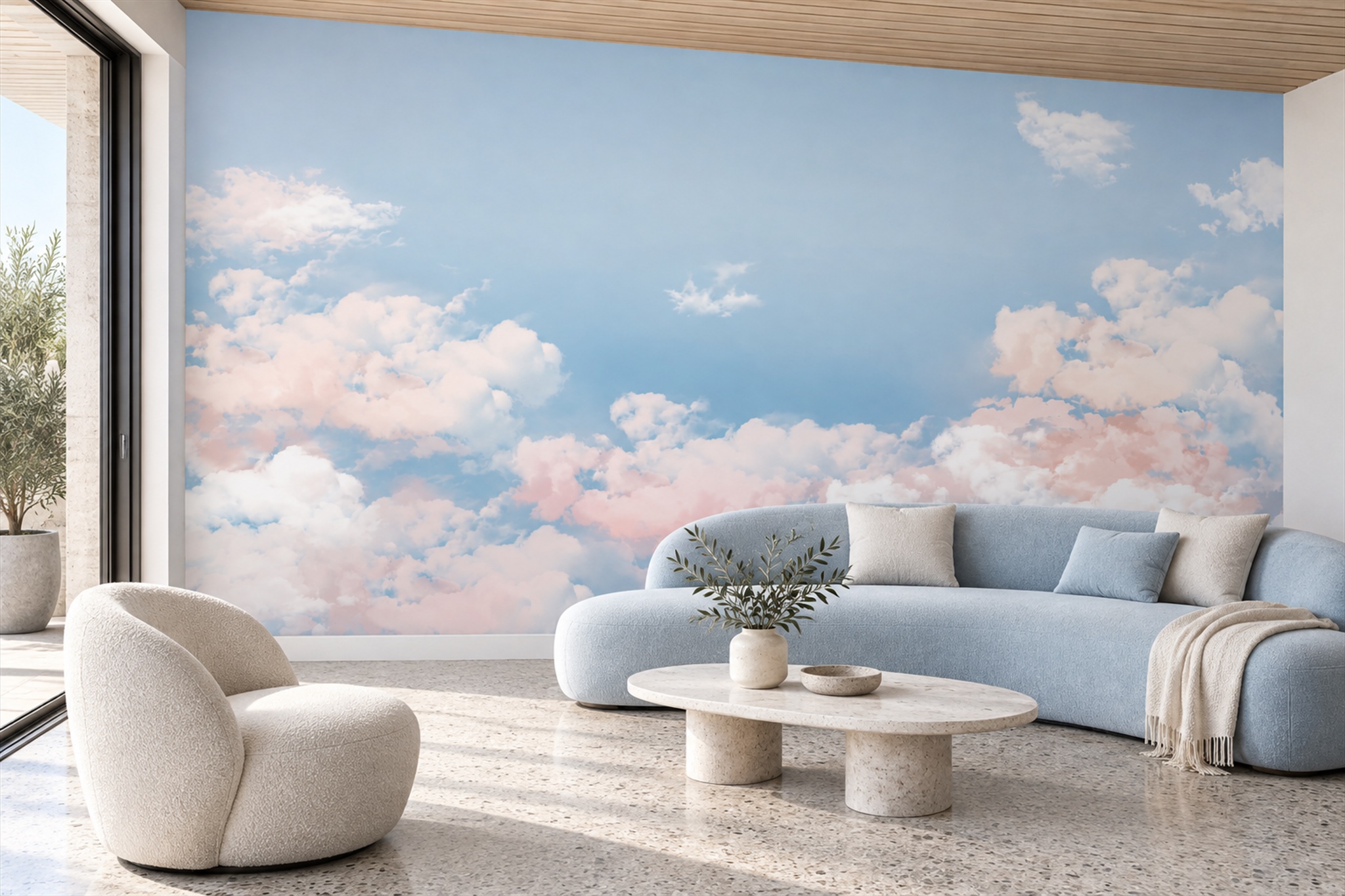 Blue Clouds Artful Textured Wallpaper Mural Home-office-wallpaper-murals, Peel-and-stick Finish
