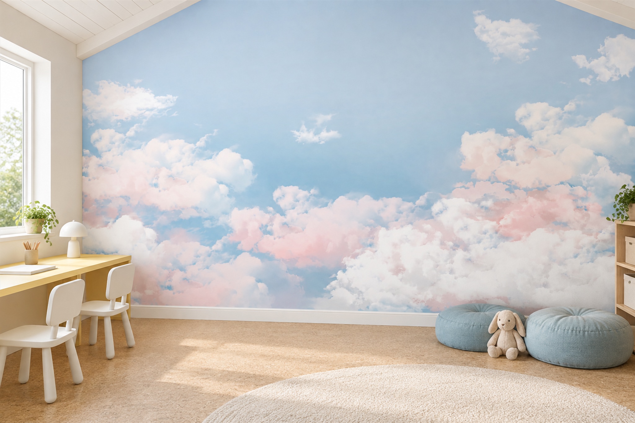 Blue Clouds Artful Textured Wallpaper Mural Home-office-wallpaper-murals, Peel-and-stick Finish