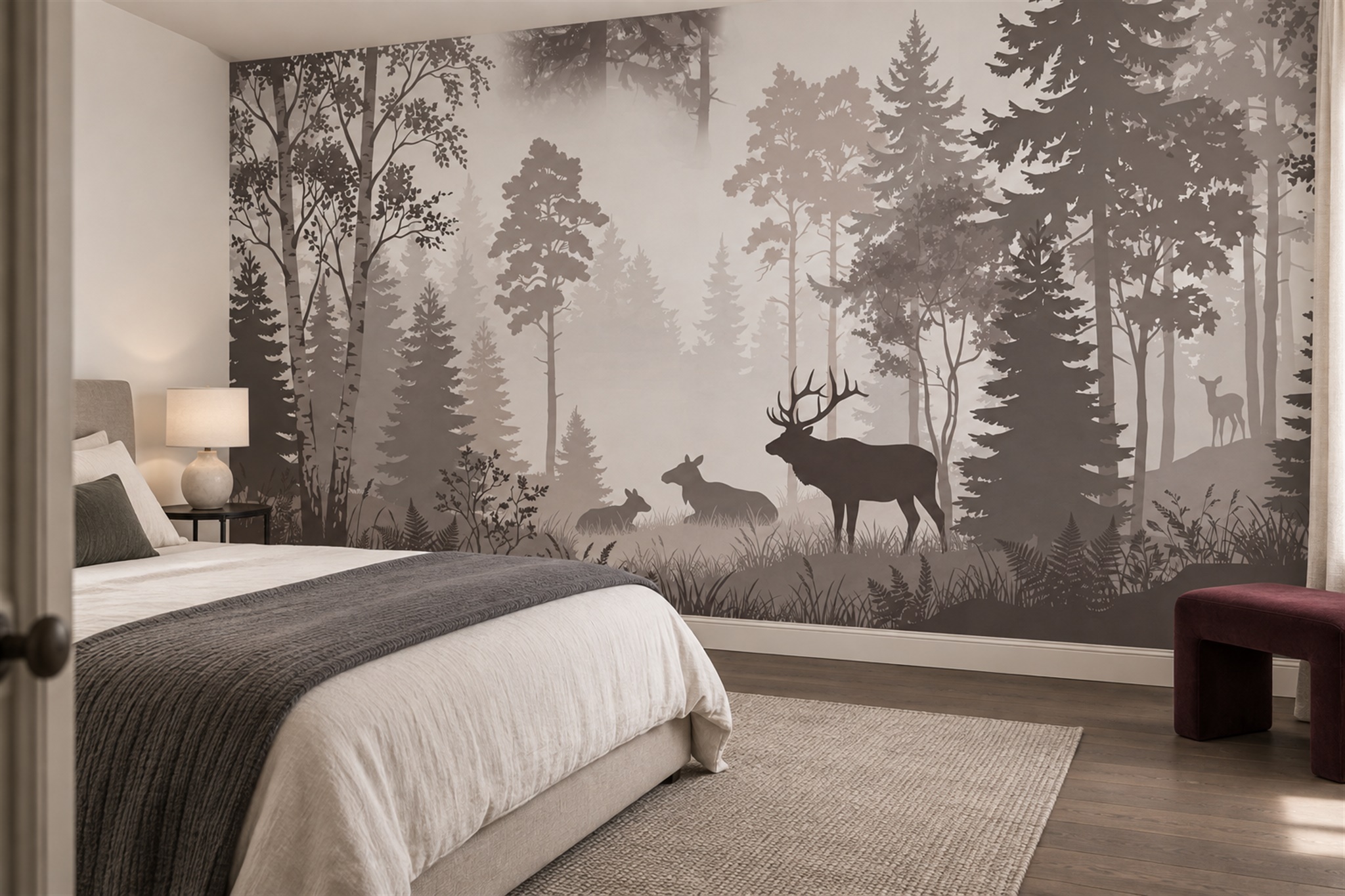 Taupe Deer Illustrated Abstract Wallpaper Mural Bedroom-wallpaper-murals, Peel-and-stick Finish