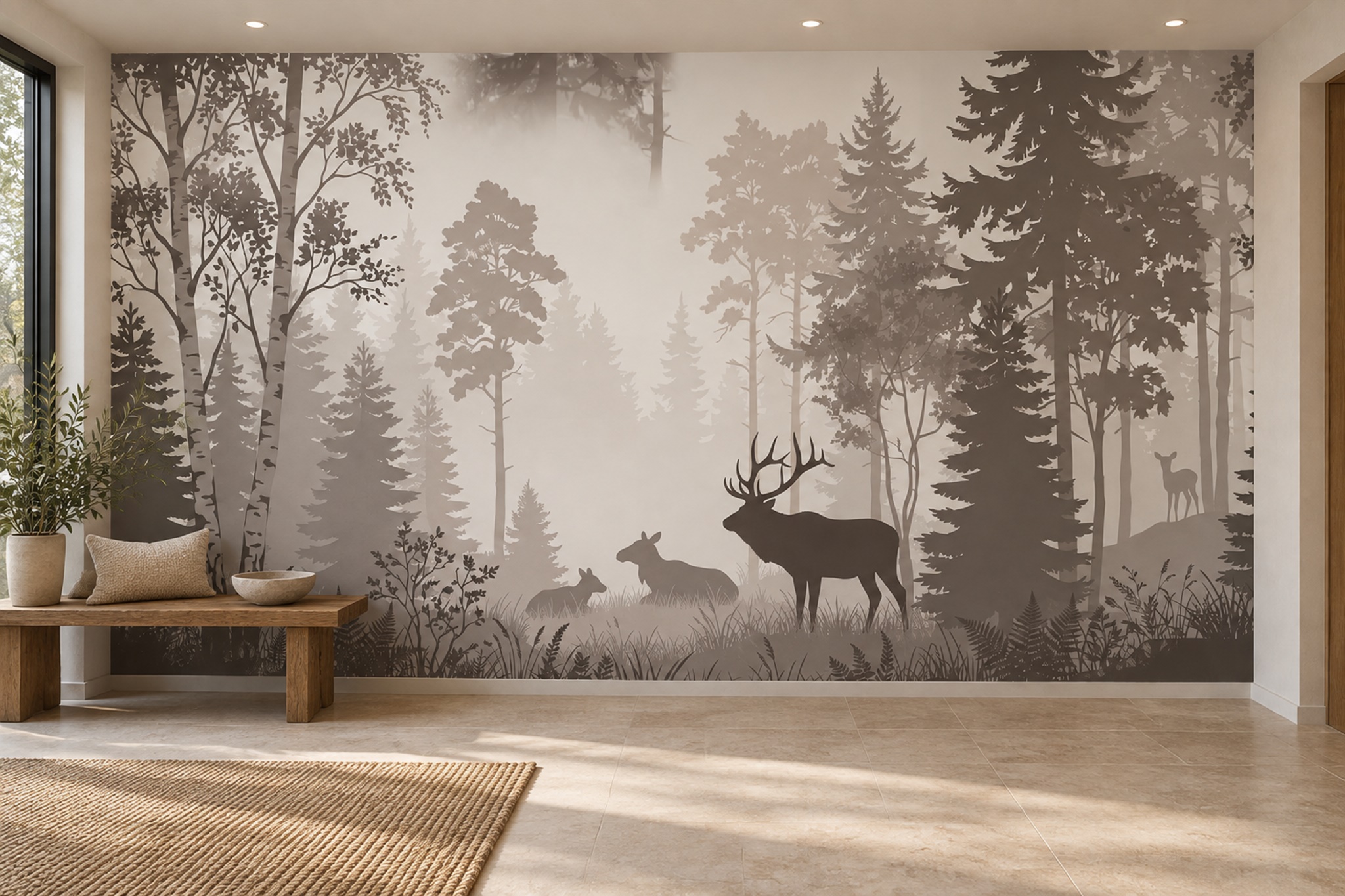 Taupe Deer Illustrated Abstract Wallpaper Mural Entryway-wallpaper-murals, Peel-and-stick Finish