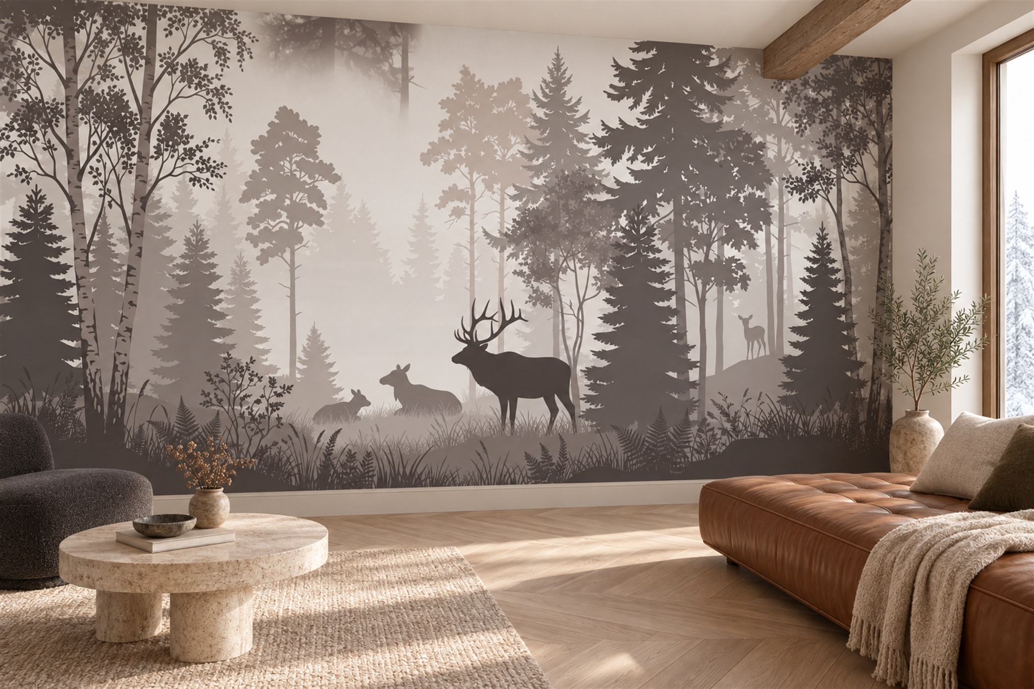 Taupe Deer In A Misty Woodland Wallpaper Mural — Wallpaper Mural Design, Peel-and-stick Finish