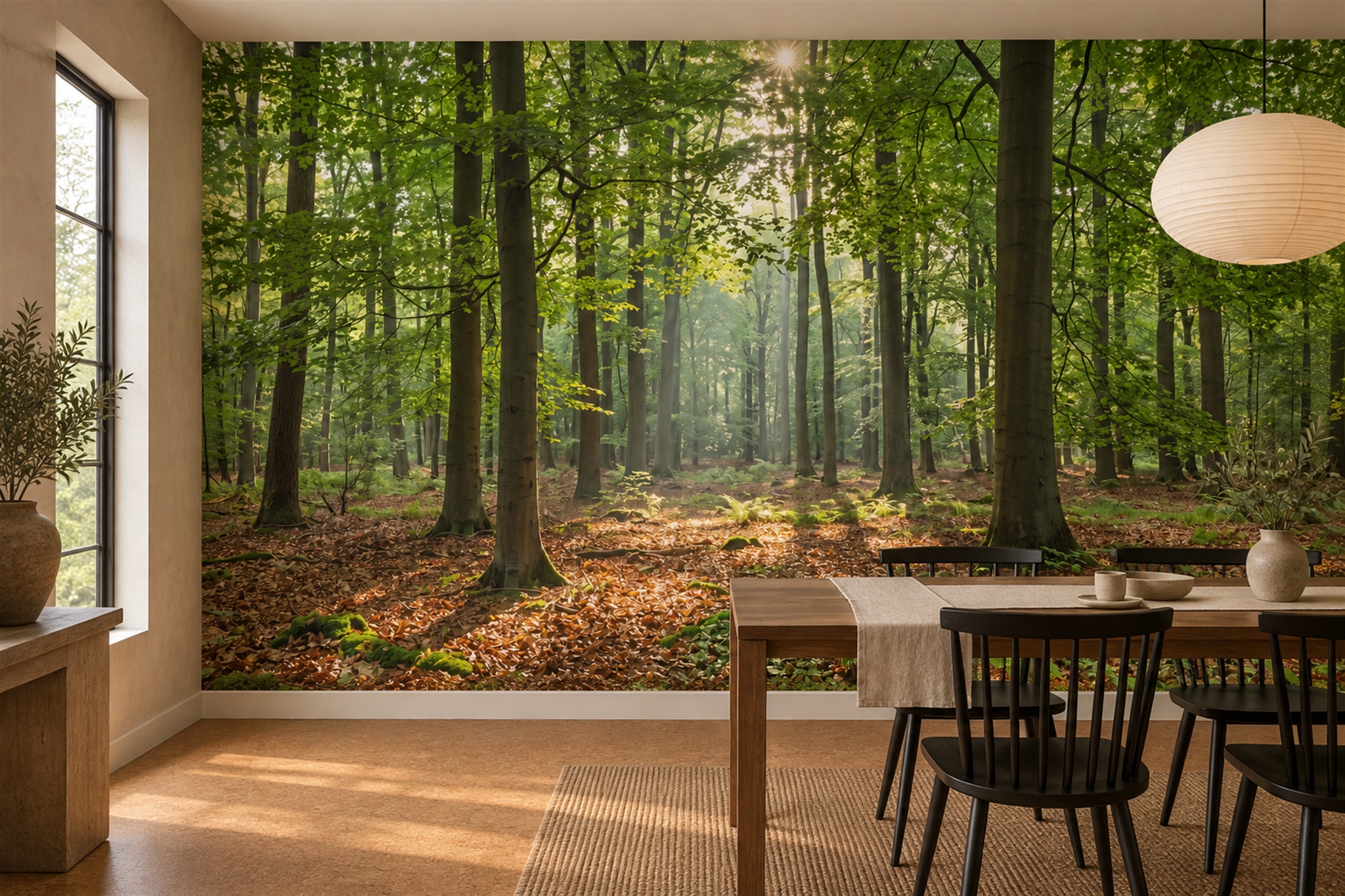 Sunlit Green Woodland Path Wallpaper Mural — Wallpaper Mural Design, Peel-and-stick Finish